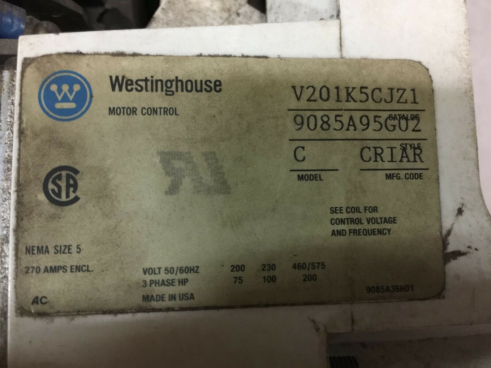 USED WESTINGHOUSE SIZE 5 600VAC 120VAC COIL VACUUME CONTACTOR V201K5CJZ1