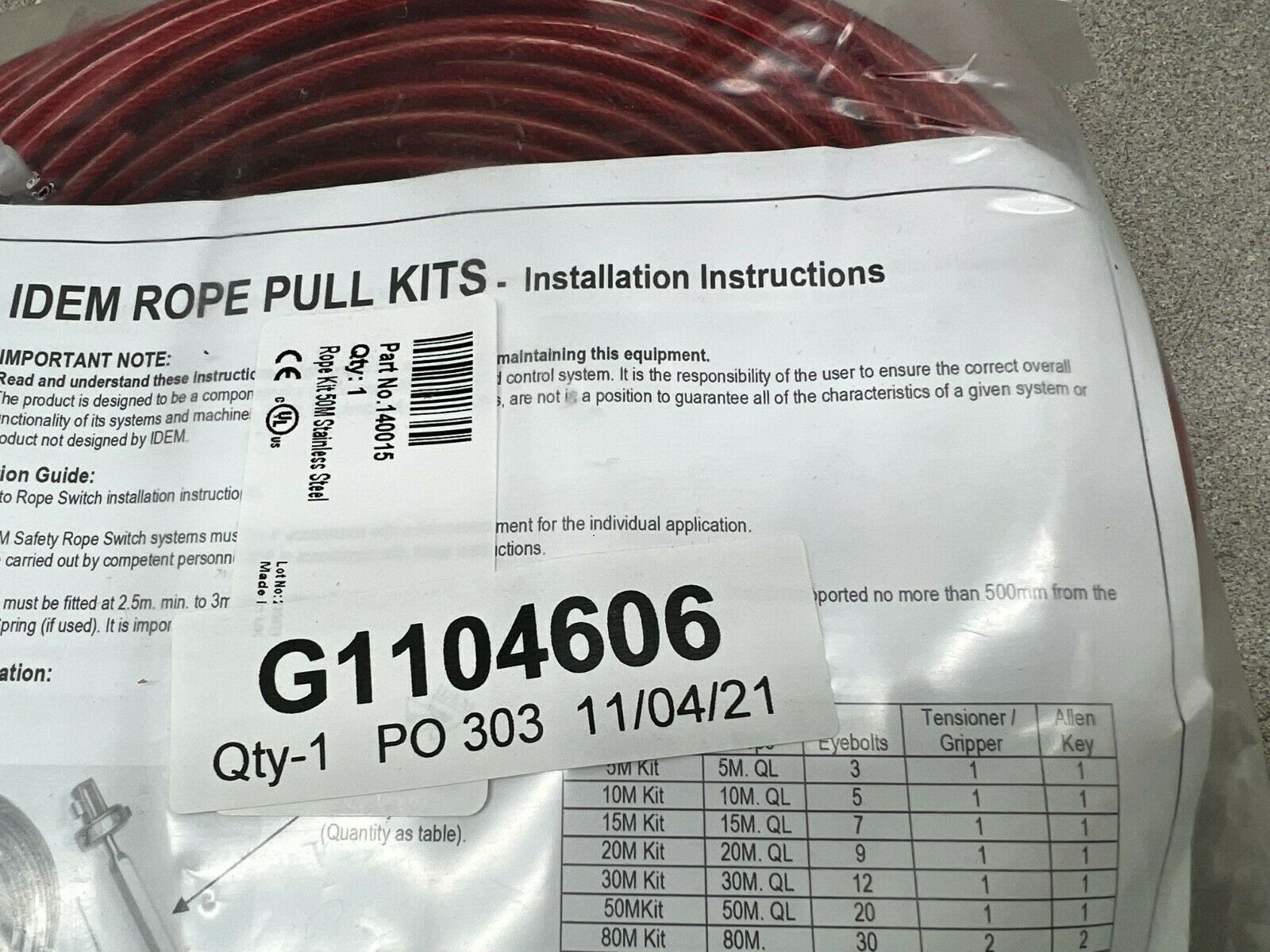 NEW IN BAG IDEM G1104606 PULL CABLE KIT 140015