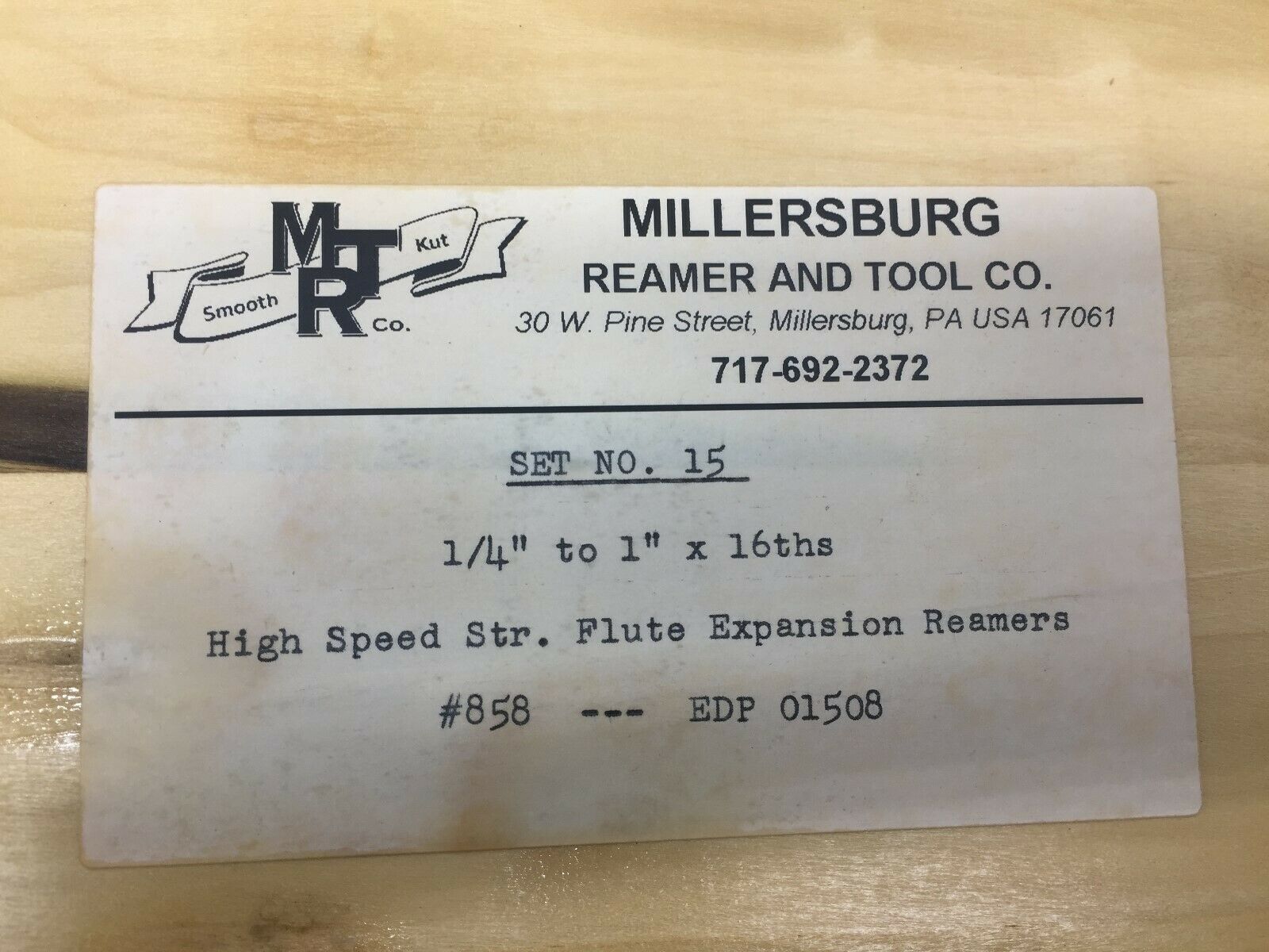 NEW NO BOX M.R.&T 1/4"-1" X1/16 #858 HIGH SPEED STR FLUTE EXP REAMER EDP 01508