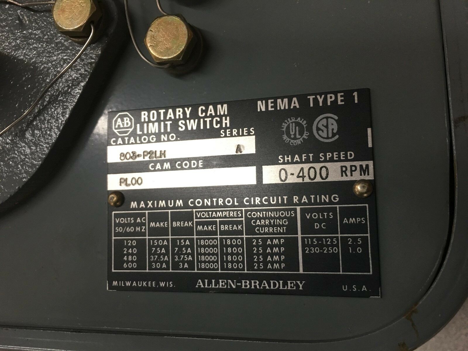 NEW NO BOX ALLEN-BRADLEY 0-400RPM ROTARY CAM LIMIT SWITCH 803-P2LH SERIES A