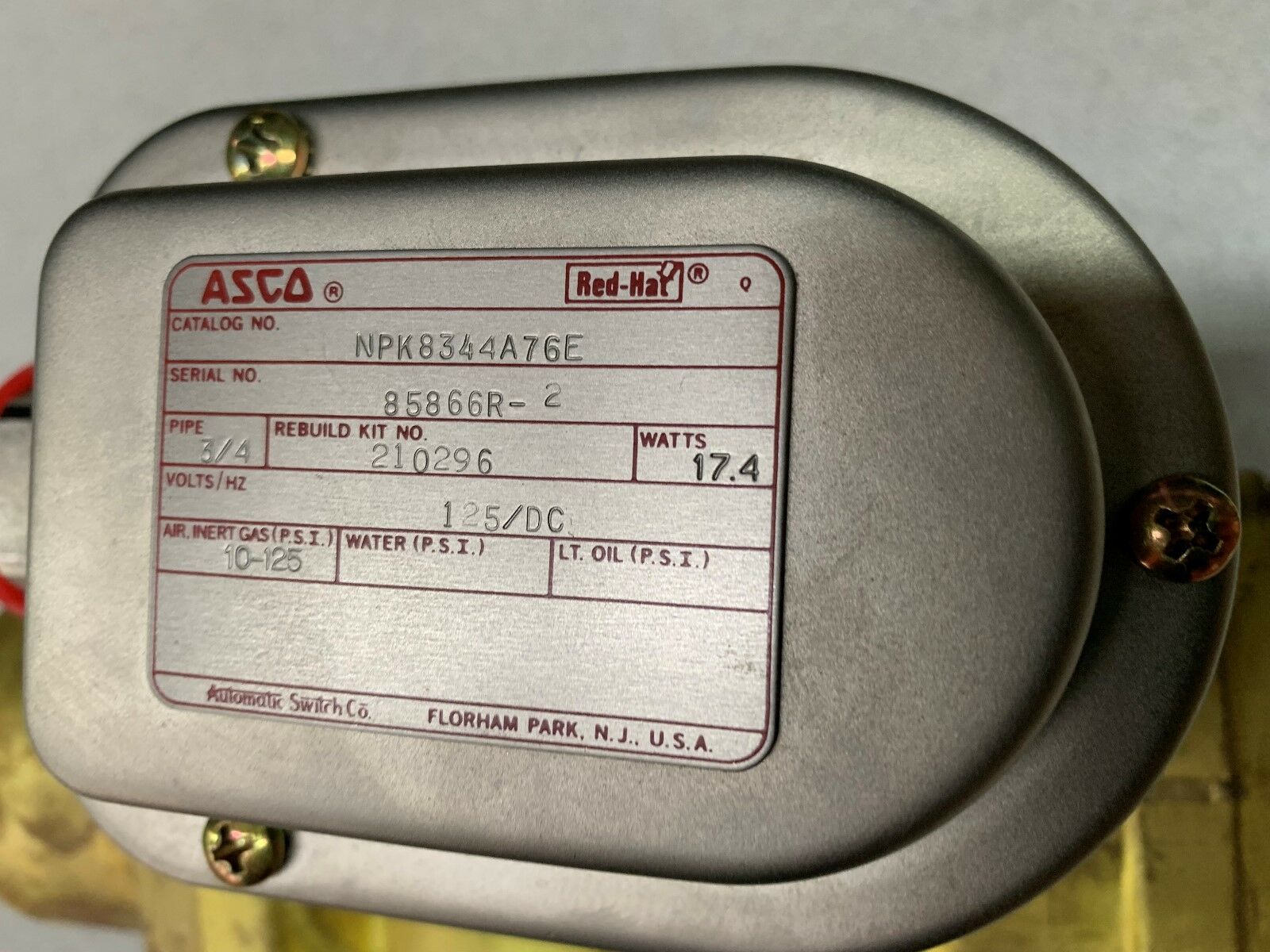 NEW NO BOX ASCO RED-HAT SOLENOID VALVE 3/4" PIPE 125VDC COIL NPK8344A76E