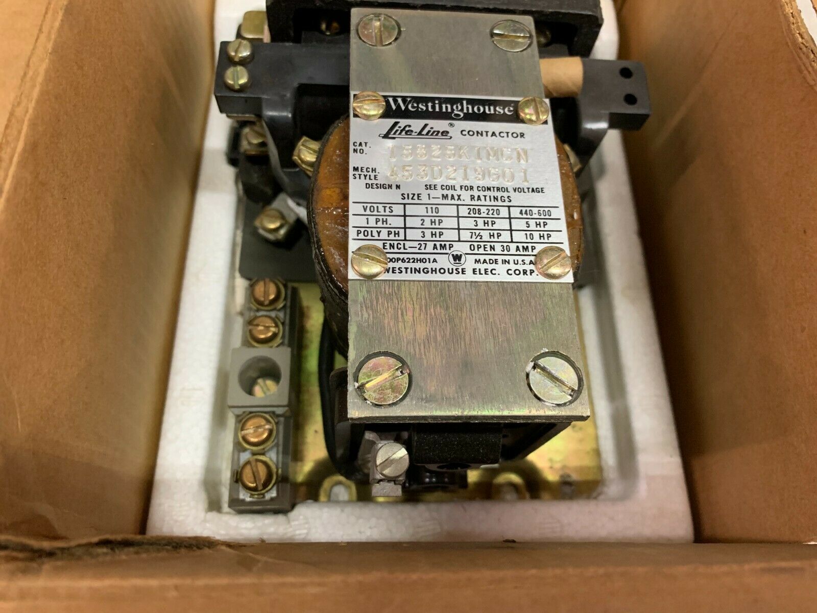 NEW IN BOX WESTINGHOUSE SIZE 1 LIFE-LINE CONTACTOR 15825K1MCN