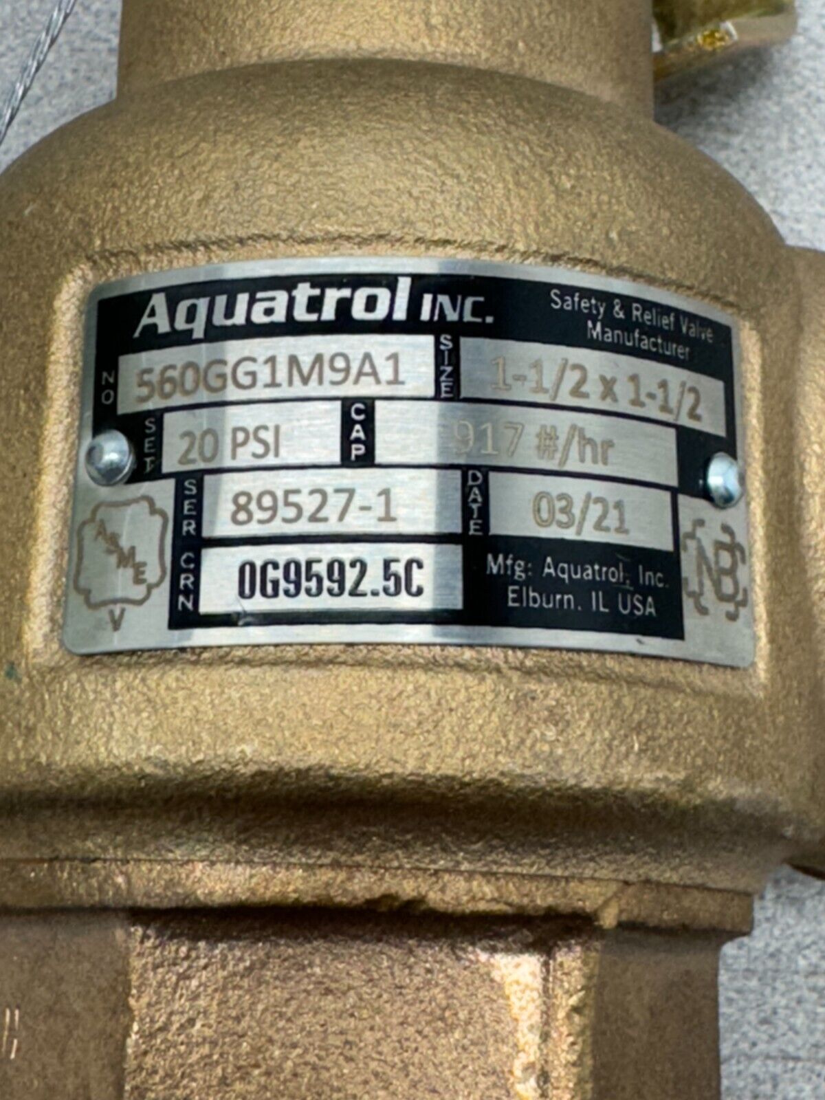 NEW NO BOX AQUATROL 20 PSI. SAFETY RELIEF VALVE 560GG1M9A1 SIZE 1-1/2 X 1-1/2