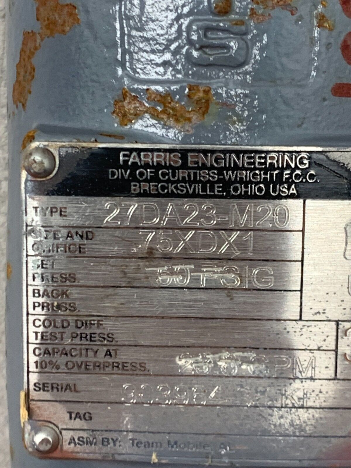 NEW FARRIS ENGINEERING .75XDX1 SIZE RELIEF VALVE 50PSIG. 27DA23-M20