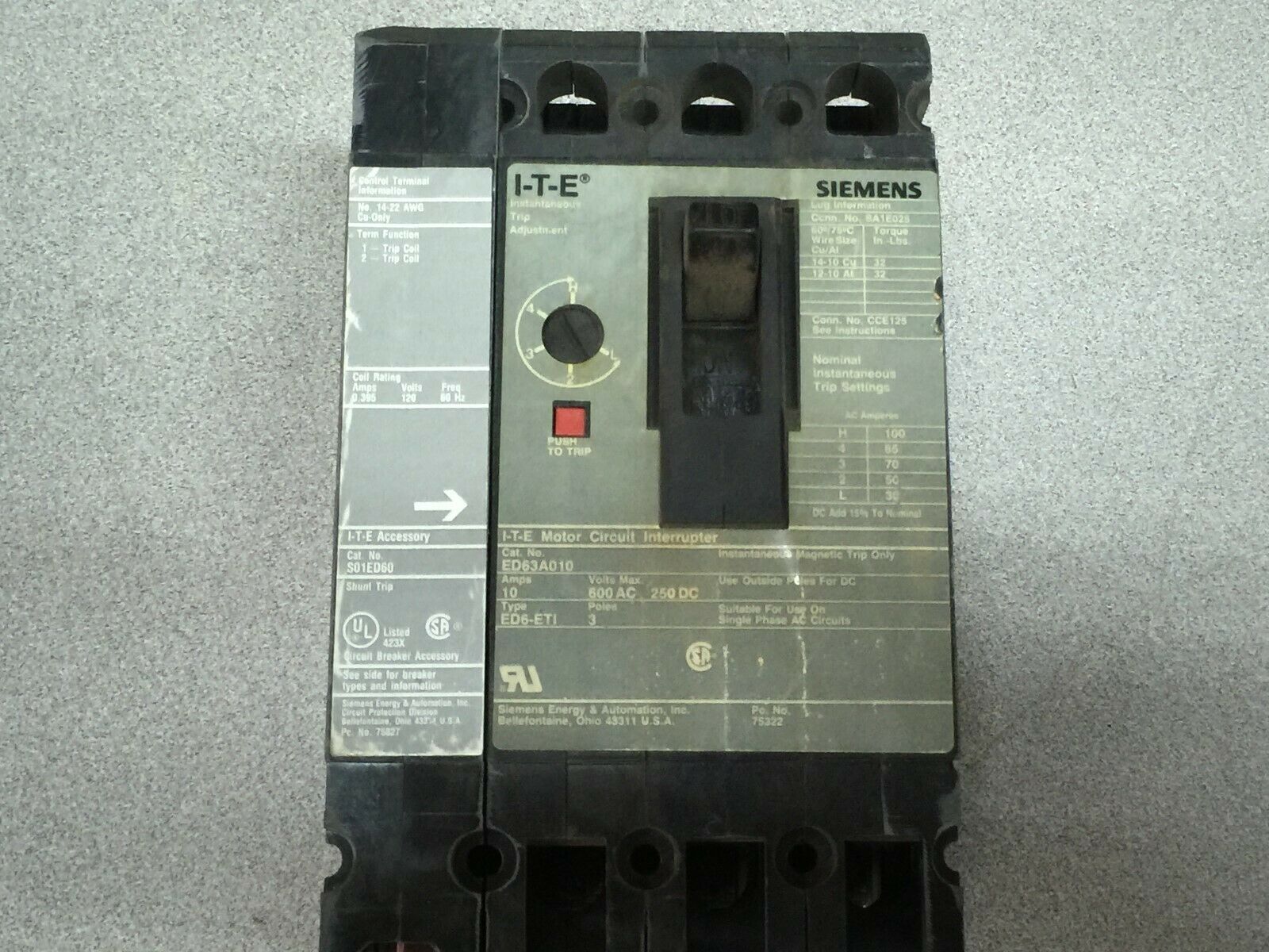 USED SIEMENS 10AMP 3POLE 600VAC 250VDC BREAKER WITH SHUNT TRIP ED63A010 / S01ED