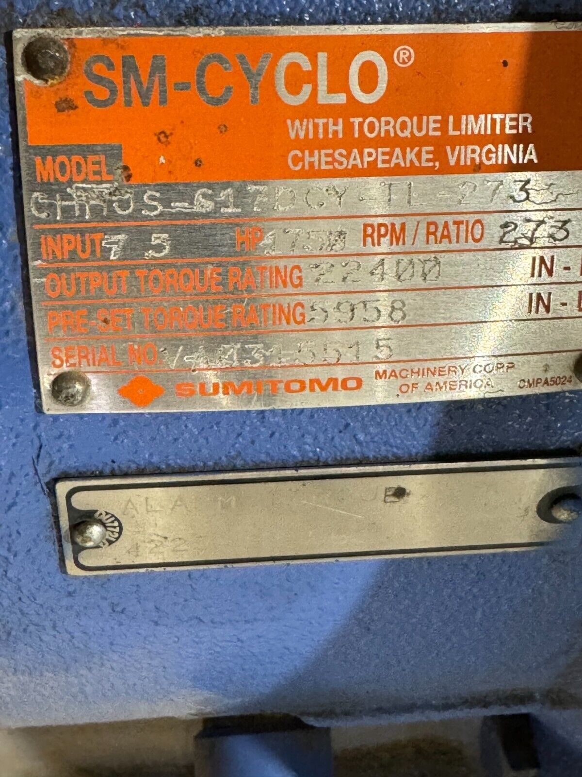 SUMITOMO PARAMAX 9000 GEAR REDUCER 68.773 RATIO PHD9075R3Y-RL-71 WITH CHHUS-C17D