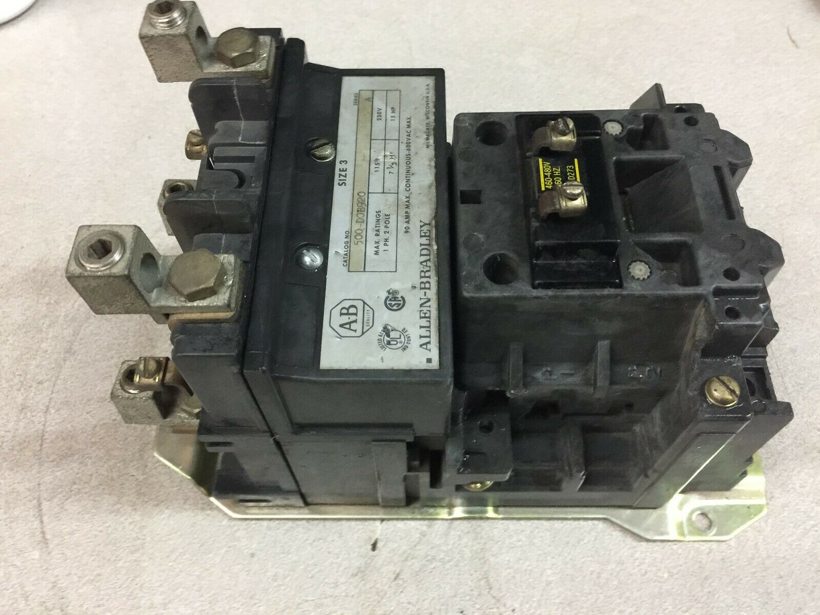 USED ALLEN BRADLEY SIZE 3 480 VAC 2 POLE 90 AMP 600 VAC CONTACTOR 500-DOB920