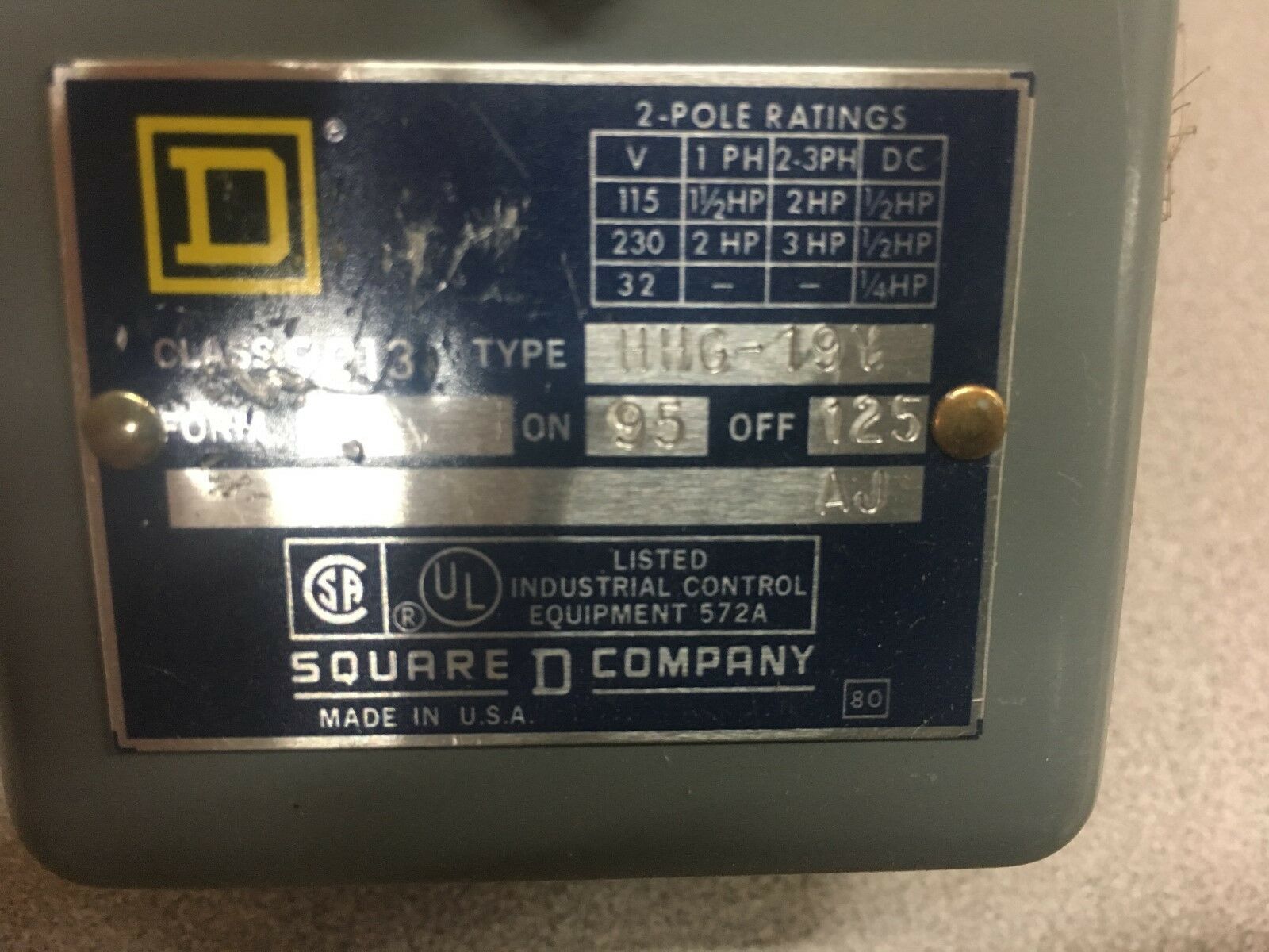 NEW NO BOX SQUARE D PRESSURE SWITCH 9013HHG-19Y