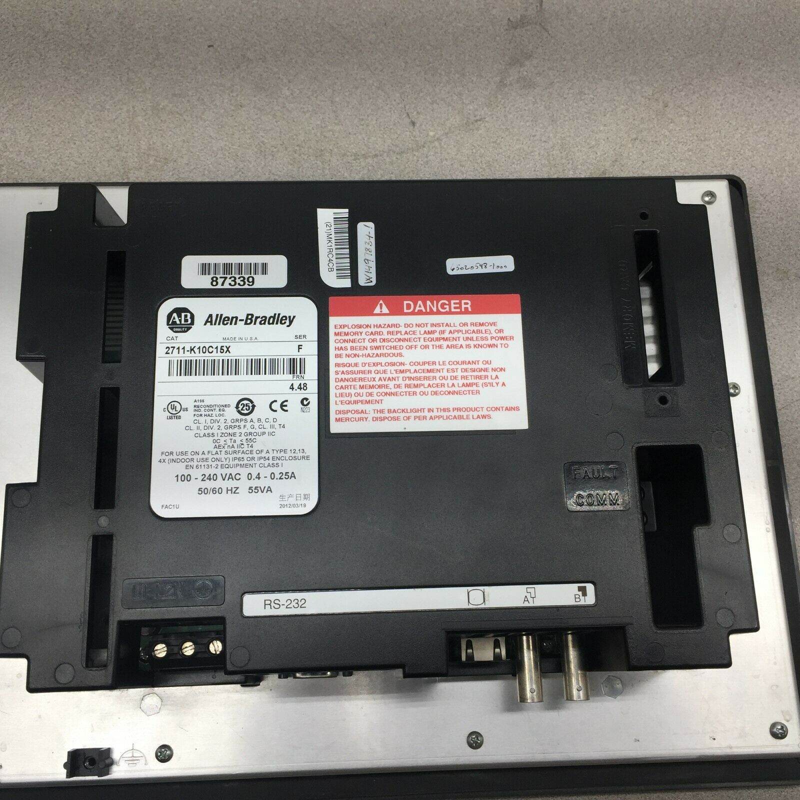 USED ALLEN BRADLEY PANELVIEW 1000 100-240 VAC 2711-K10C15X SER F