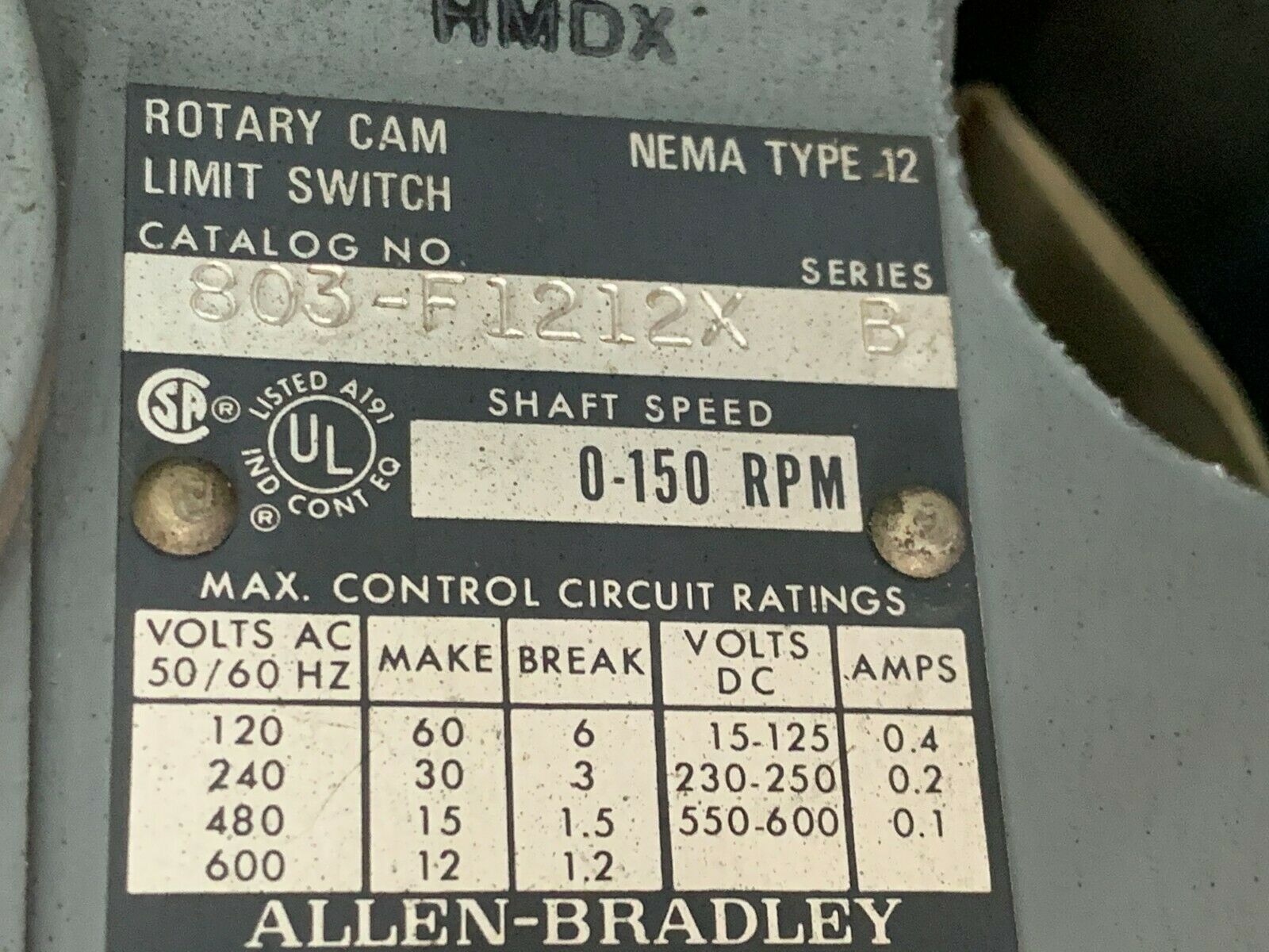 NEW NO BOX ALLEN-BRADLEY ROTARY CAM LIMIT SWITCH 803-F1212X SERIES B