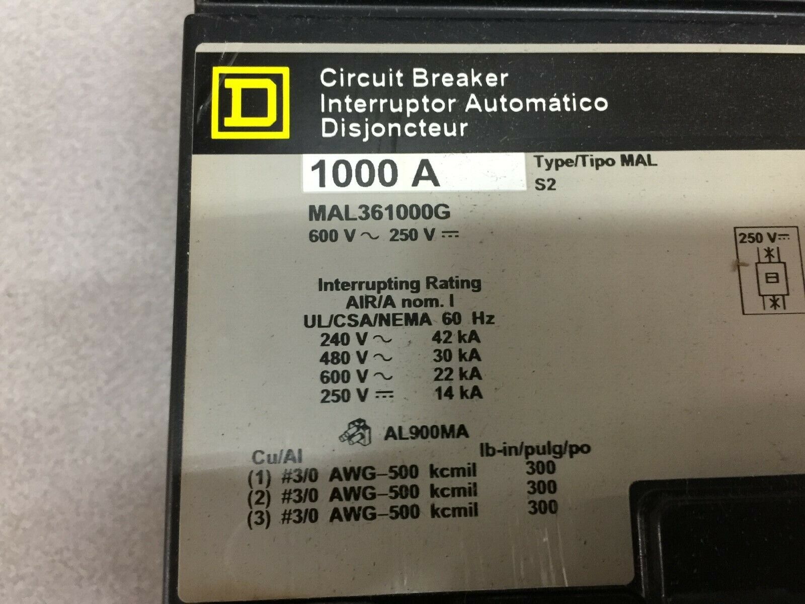 NEW NO BOX SQUARE D 1000AMP 3POLE 600VAC 250VDC BREAKER WITH SHUNT TRIP MAL36100