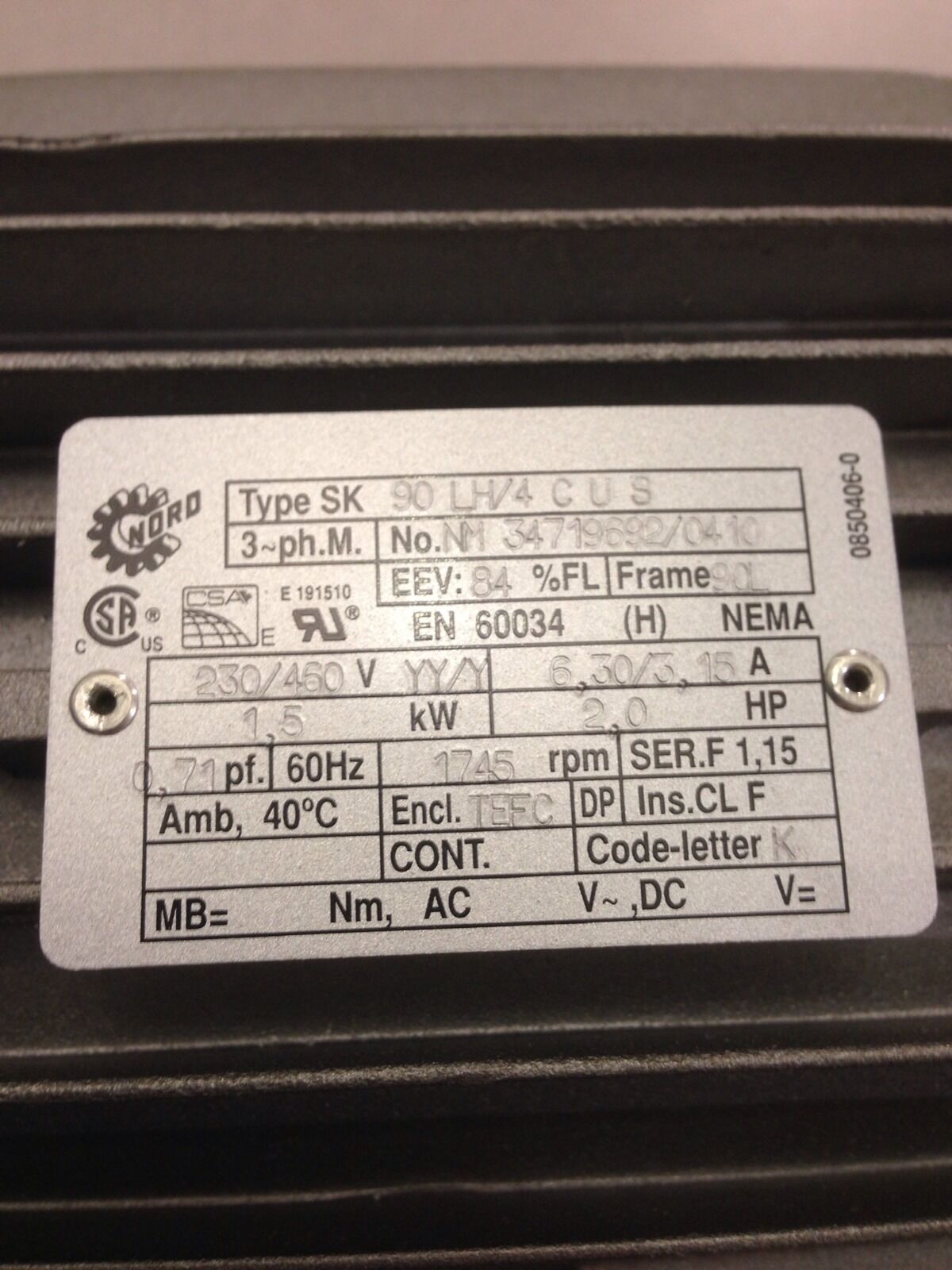 NEW NORD 2HP GEARMOTOR 90 LH/4 CUS WITH 1S63AZ-90 LH/4 CUS 12.33 RATIO