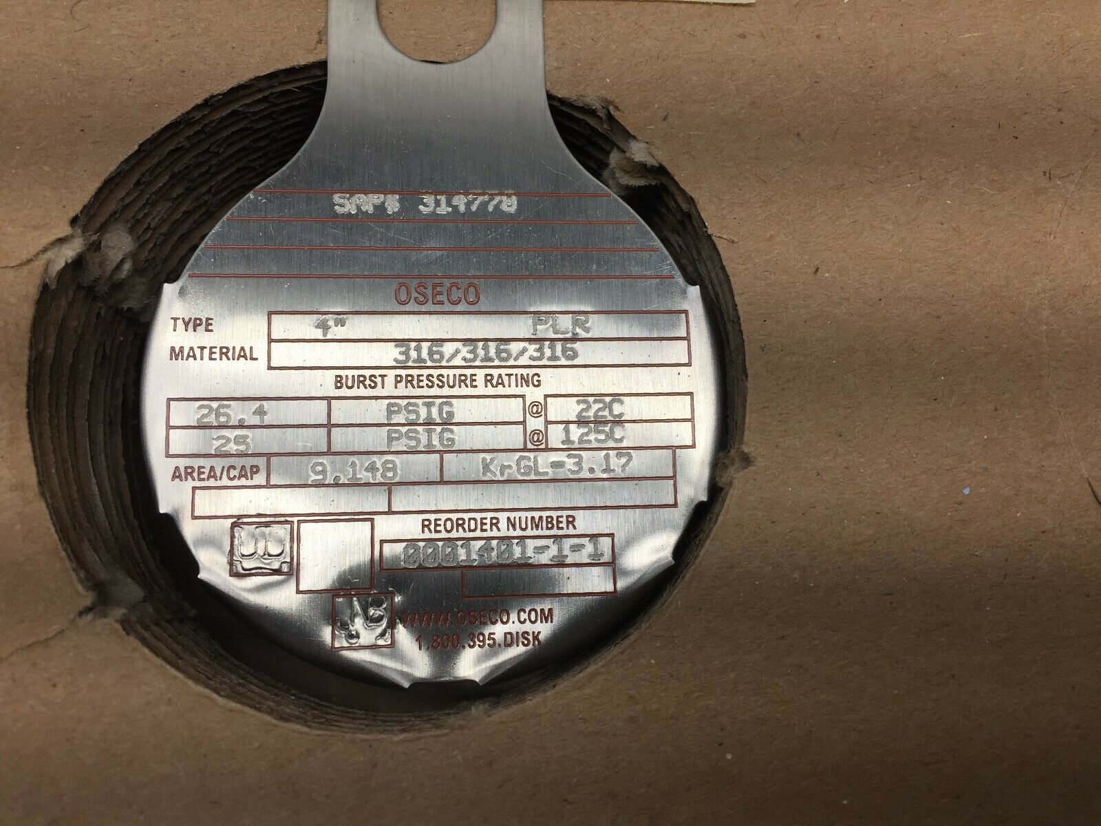 NEW IN BOX OSECO PLR 4" 316SS 26.40PSIG RUPTURE DISK 314778 / 1401-1-1
