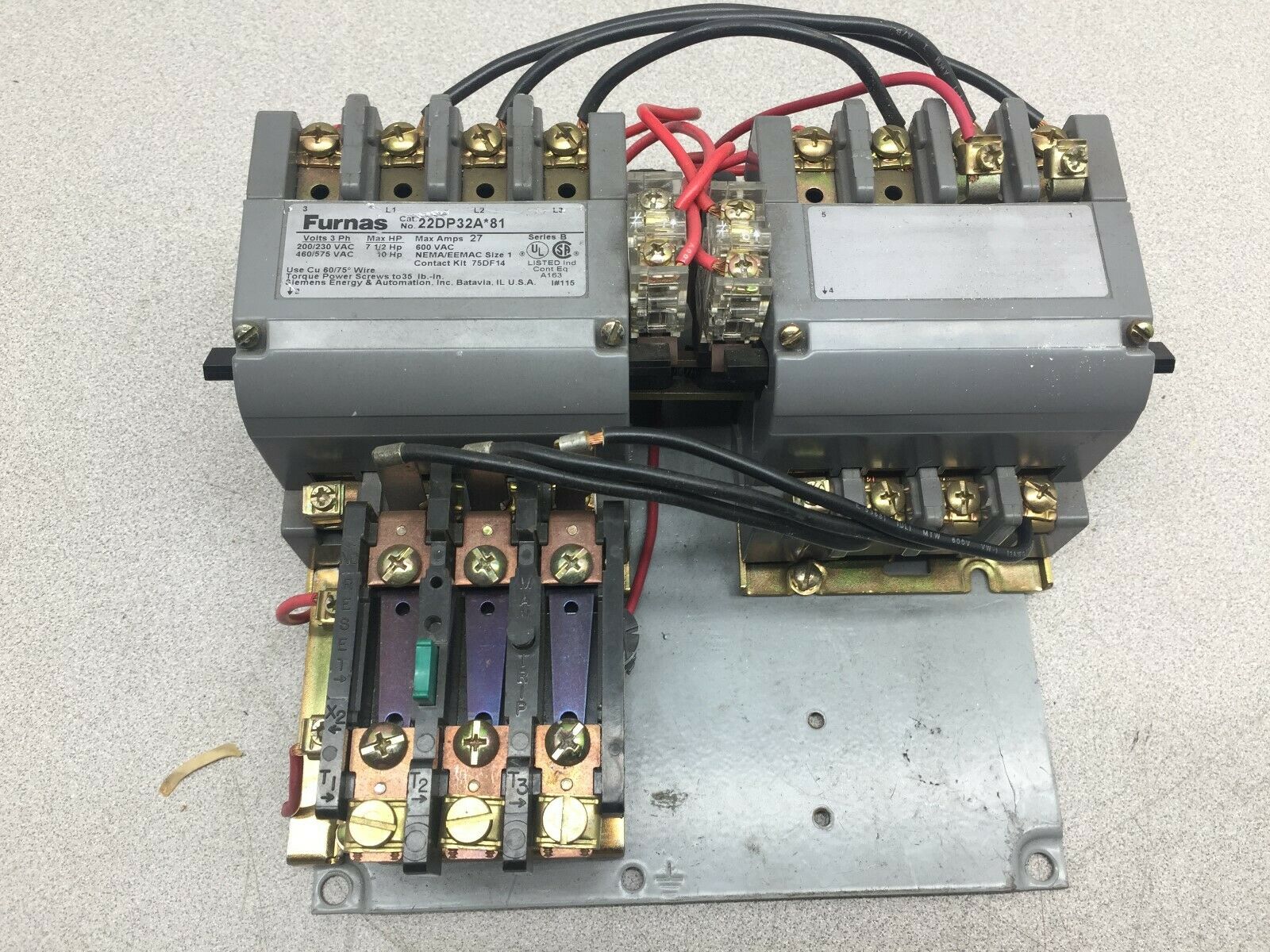 USED FURNAS SIZE 1 27 AMPS 120/240 VAC COIL 600VAC 3 POLE REVERSING STARTER 22DP