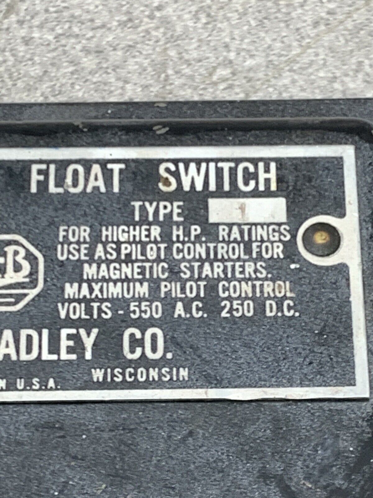NEW NO BOX ALLEN-BRADLEY FLOAT SWITCH SIZE B TYPE 1