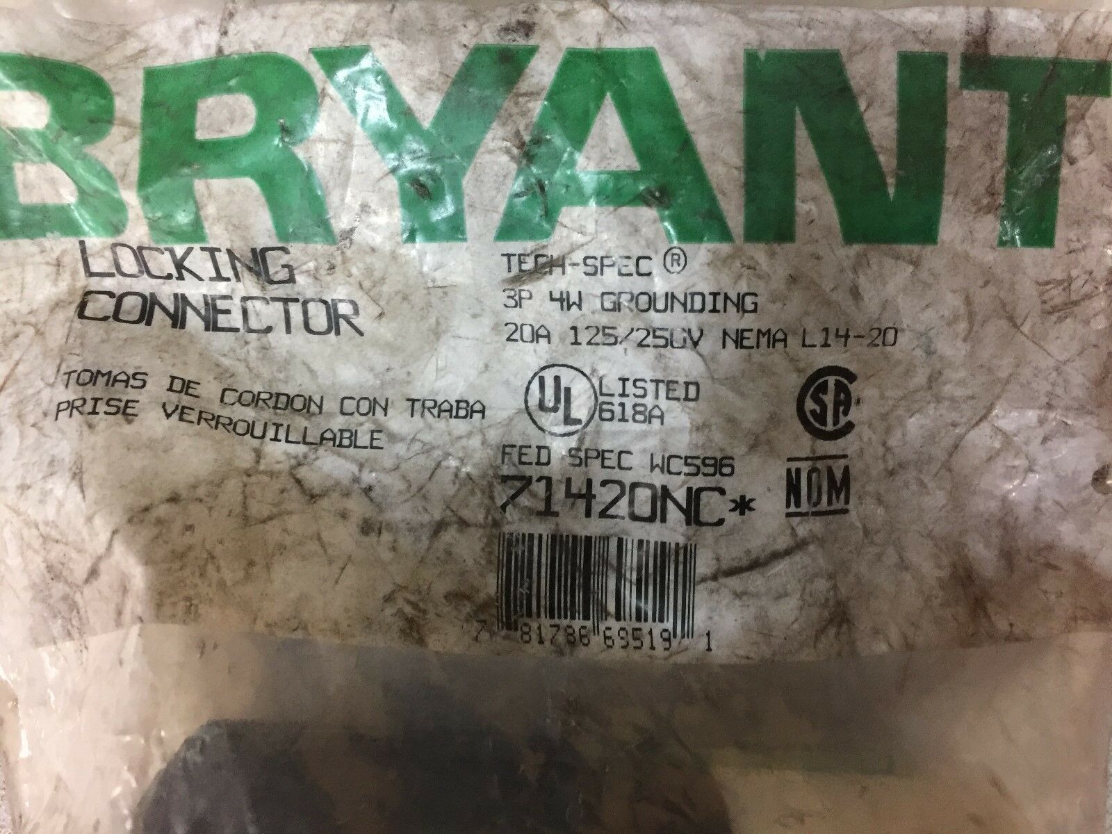 NEW IN ORIGINAL PACKAGE BRYANT LOCKING CONNECTER 20AMP 3P 4W 250V 71420NC