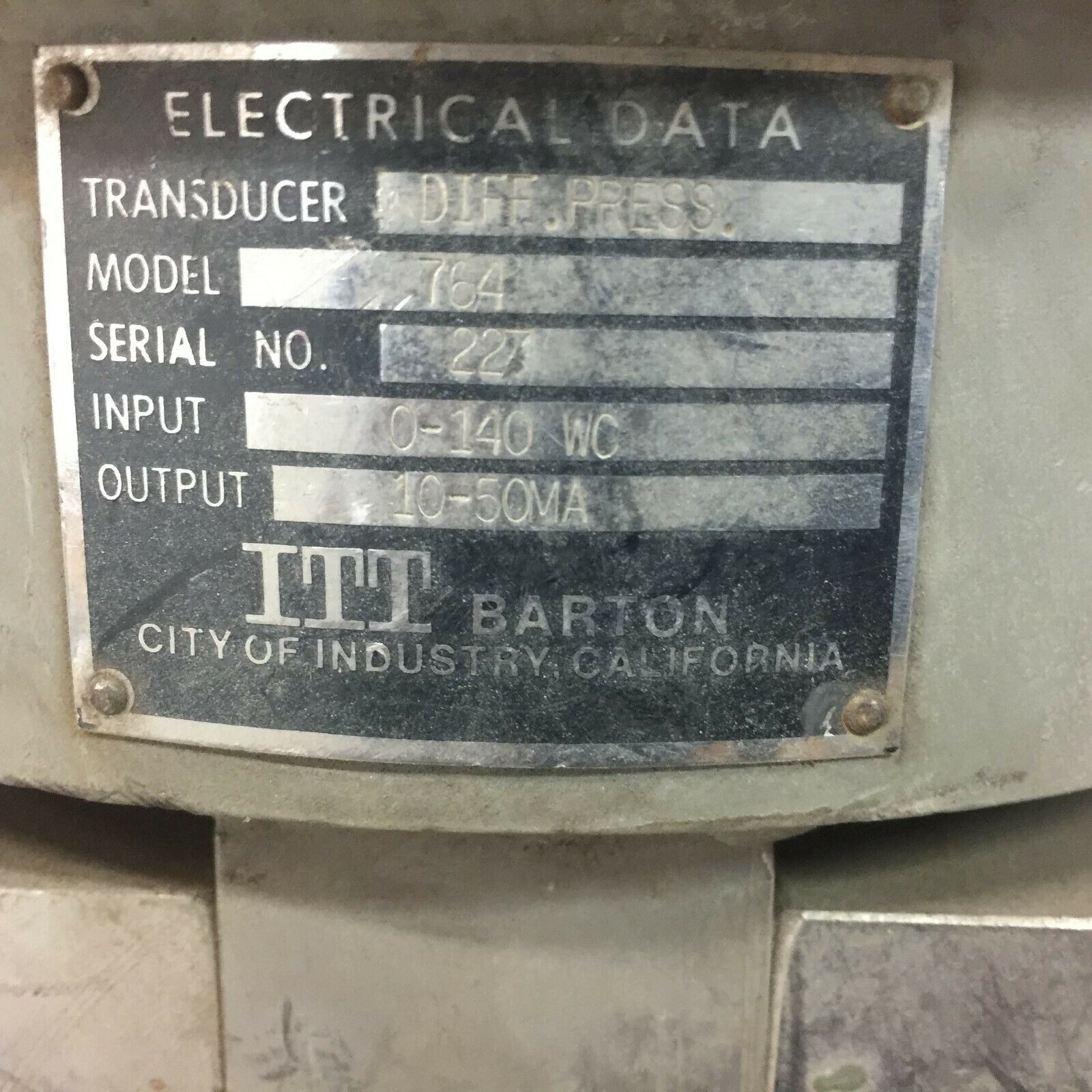 USED ITT MODEL 764 10-50MA 0-140 WC D.P. ELECTRI XMTR 764