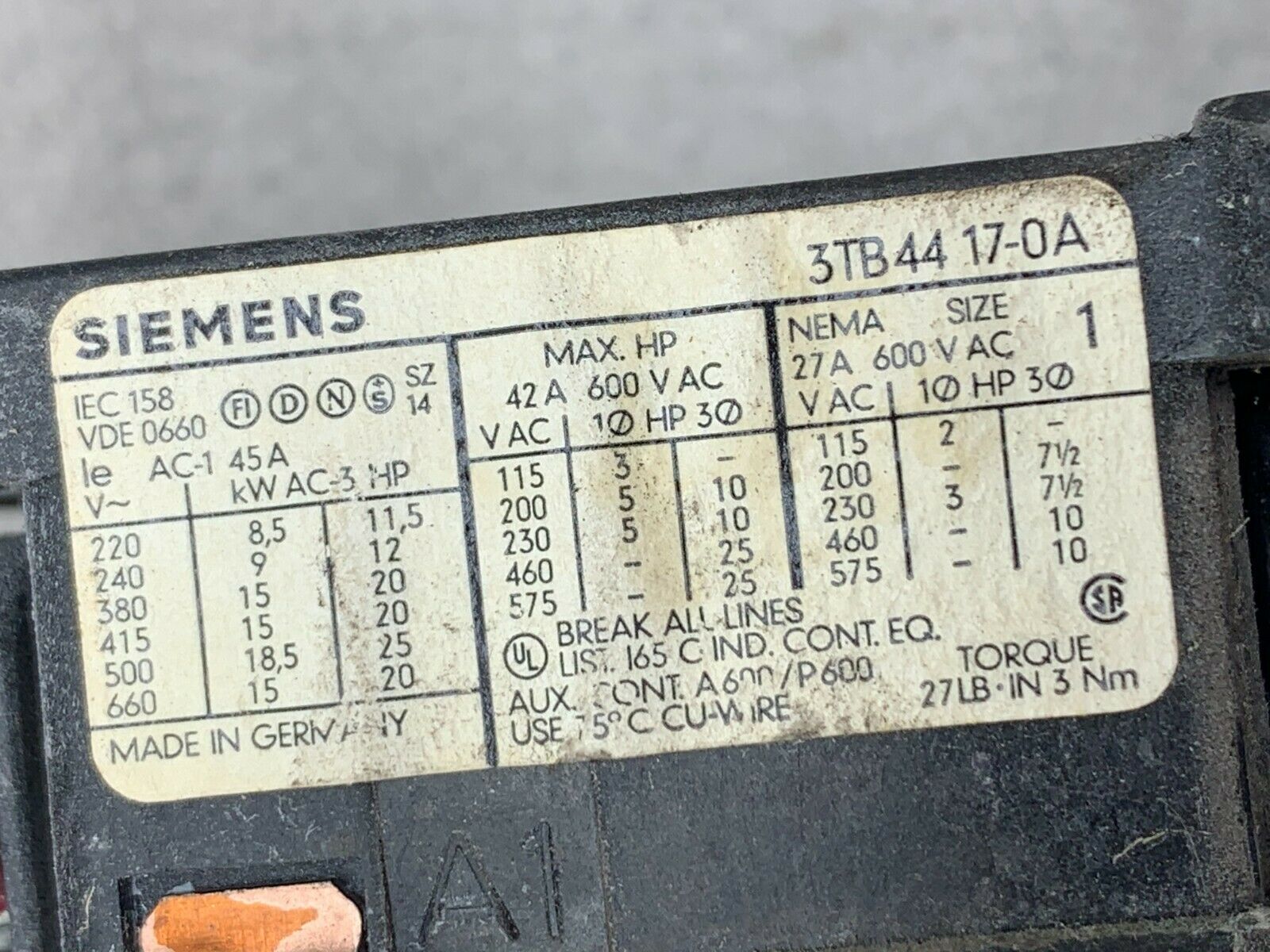 USED SIEMENS MOTOR STARTER 3TB44-17OA