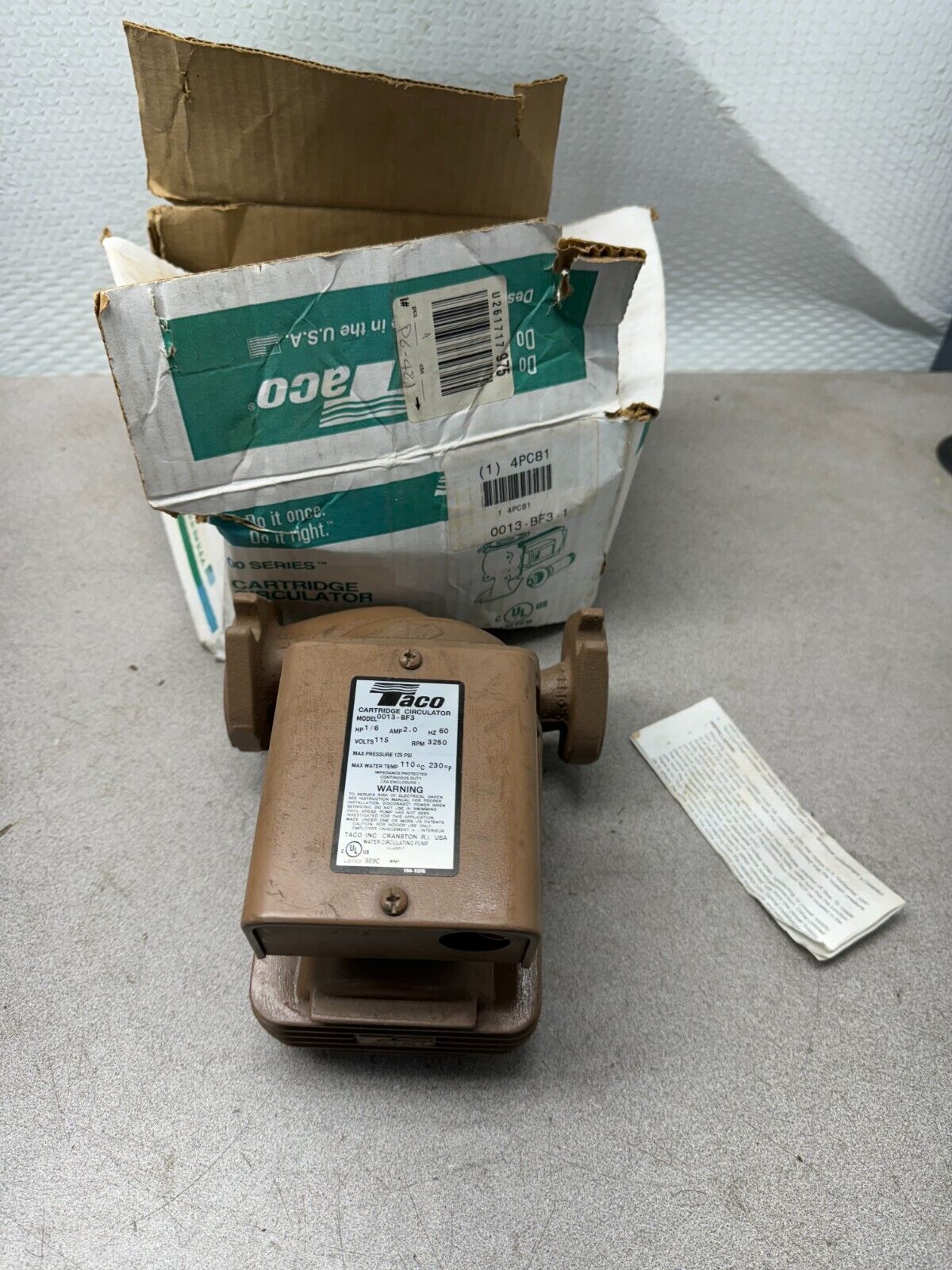 NEW IN BOX TACO CARTRIDGE CIRCULATOR 0013-BF3