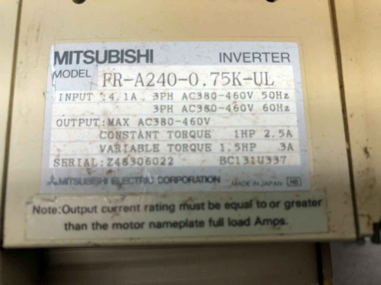 USED MITSUBISHI FEQROL-A200 1.5 HP 380-460 VAC 3 PH INVERTER DRIVE FR-A240-0.75