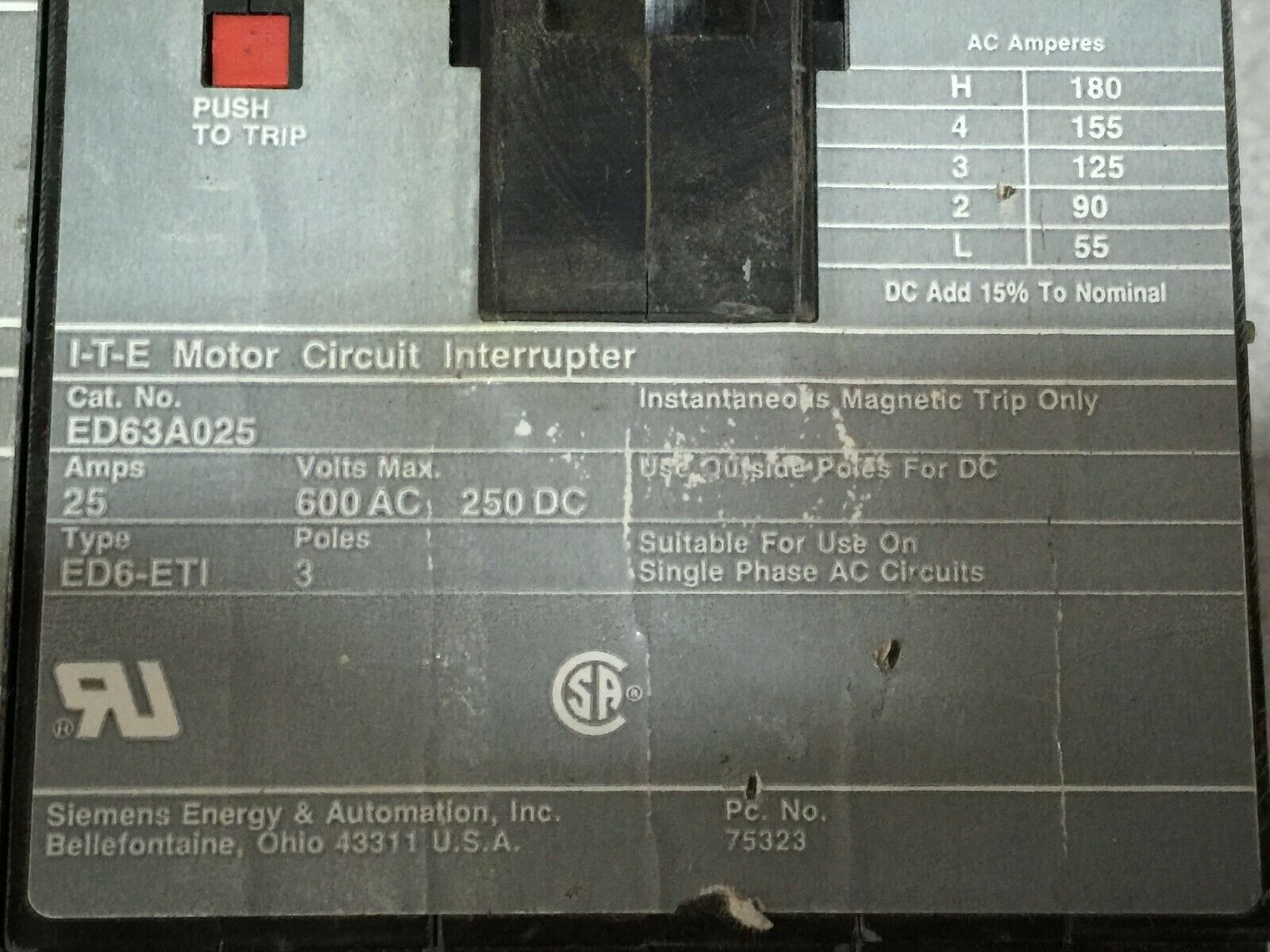 USED GE 25AMP 3POLE 600VAC 250VDC BREAKER WITH SHUNT TRIP ED63A025 / S01ED60