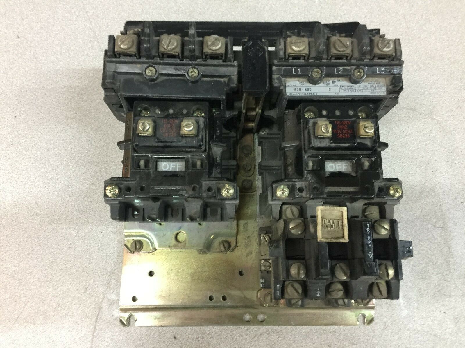 USED ALLEN BRADLEY SIZE 1 120 VAC COIL 3 POLE 27 AMP REVERSING STARTER 505-B0D