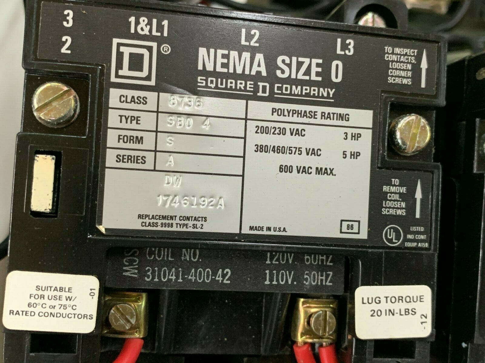 NEW SQUARE D SIZE 0 COMBINATION STARTER 8738 SBG13 FORM FF4T WITH 8736 SBO4