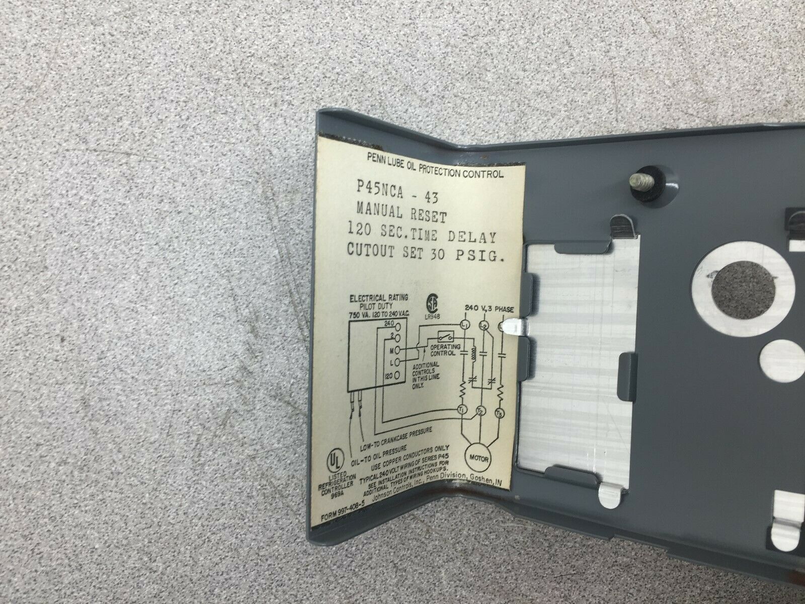 NEW NO BOX JOHNSON CONTROLS 120SEC TIME DELAY MANUAL RESET PRESSURE SWITCH P45NC