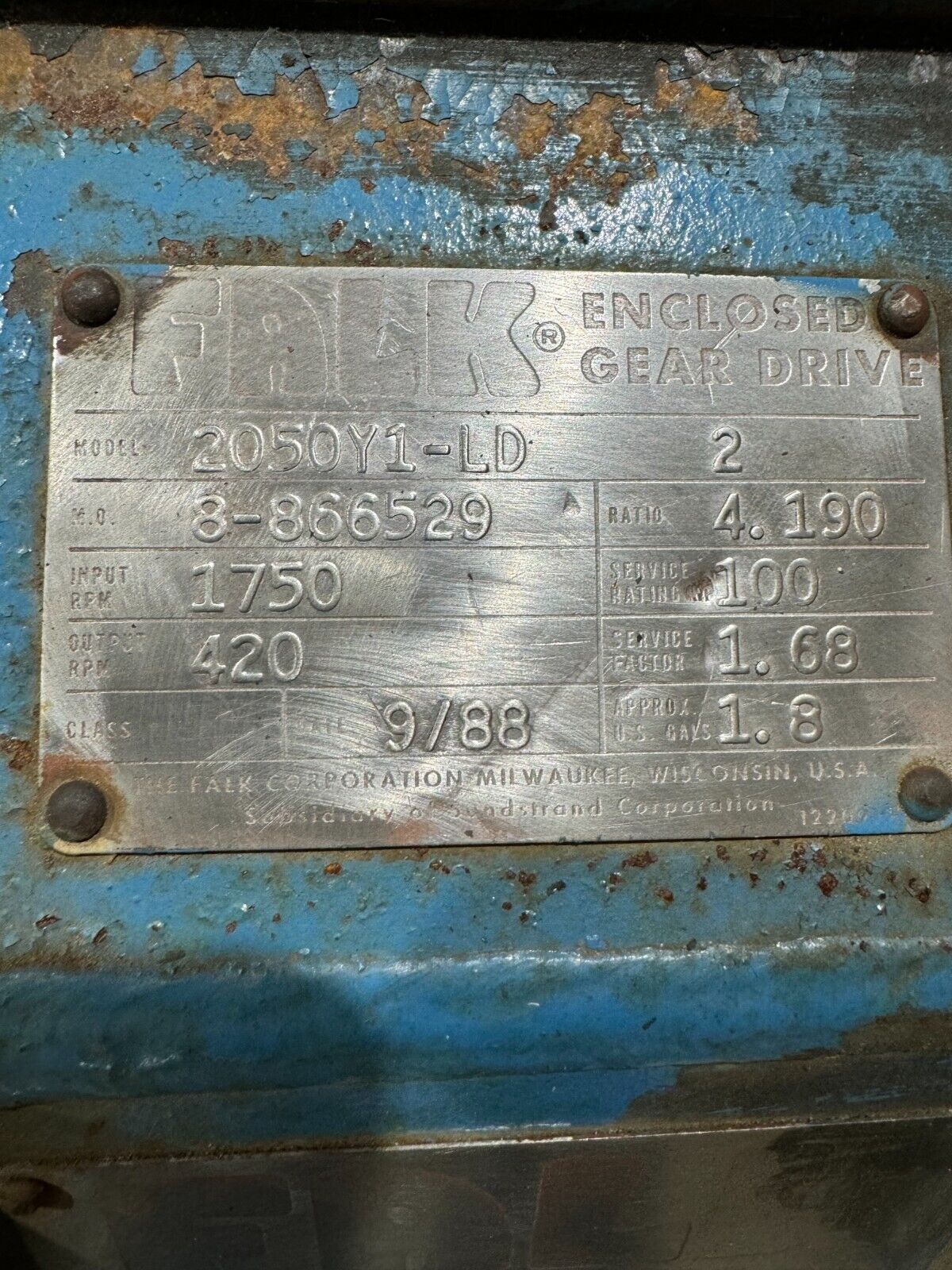 FALK ENCLOSED GEAR DRIVE SPEED REDUCER 4.190 RATIO 2050Y1-LD 2