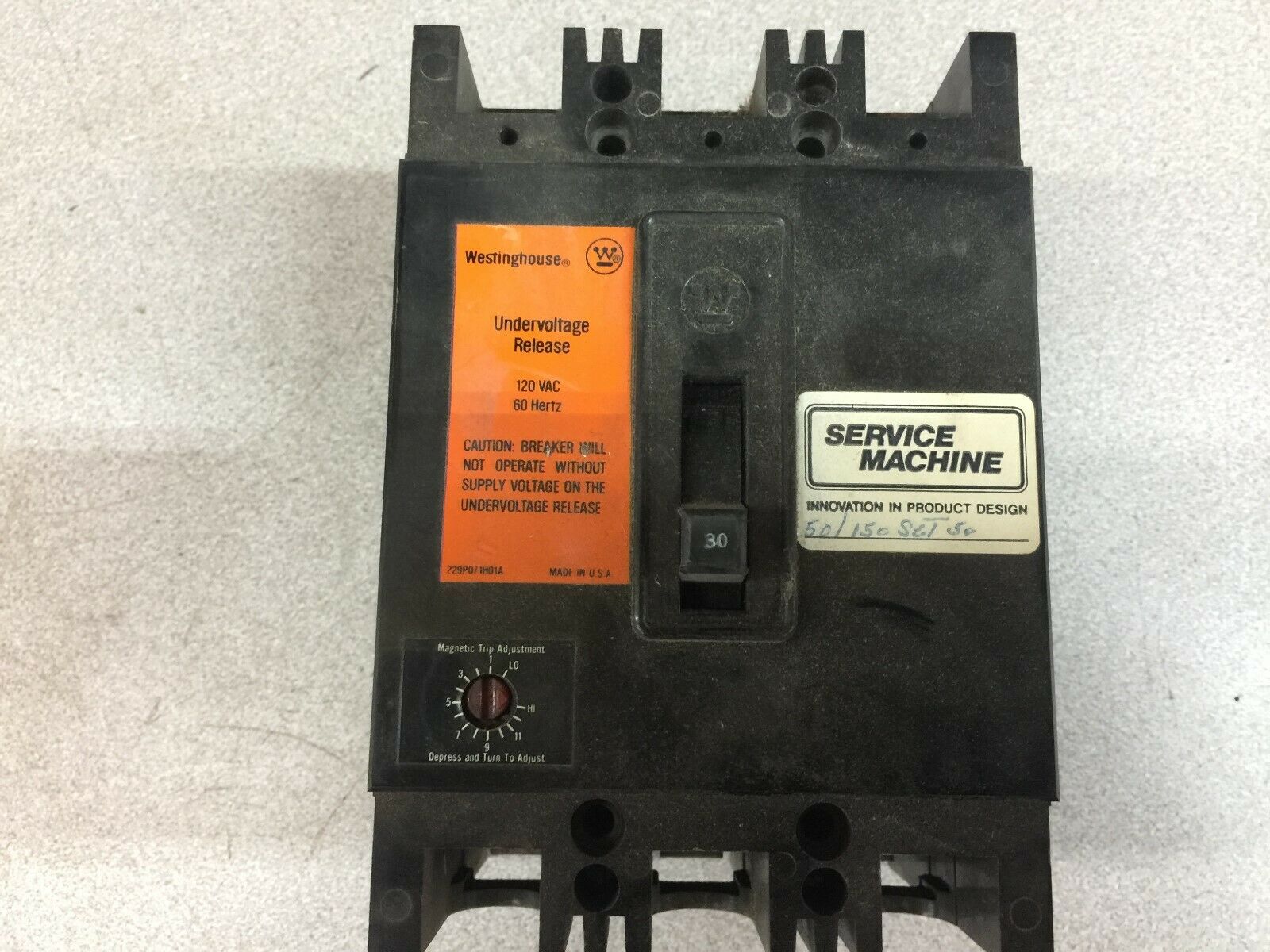 USED REMANUFACTURED WESTINGHOUSE 30 AMP 3 POLE 600 VAC 120 VAC UVR 50-150 TRIP 1