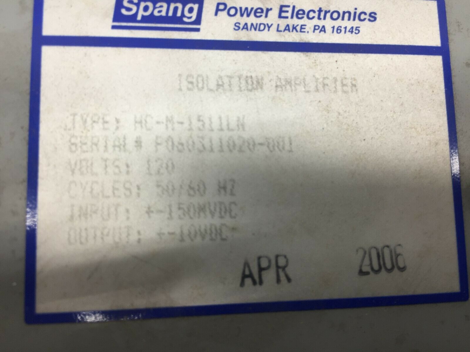 NEW NO BOX SPANG 120VAC ISOLATION AMPLIFIER HC-M-1511LN