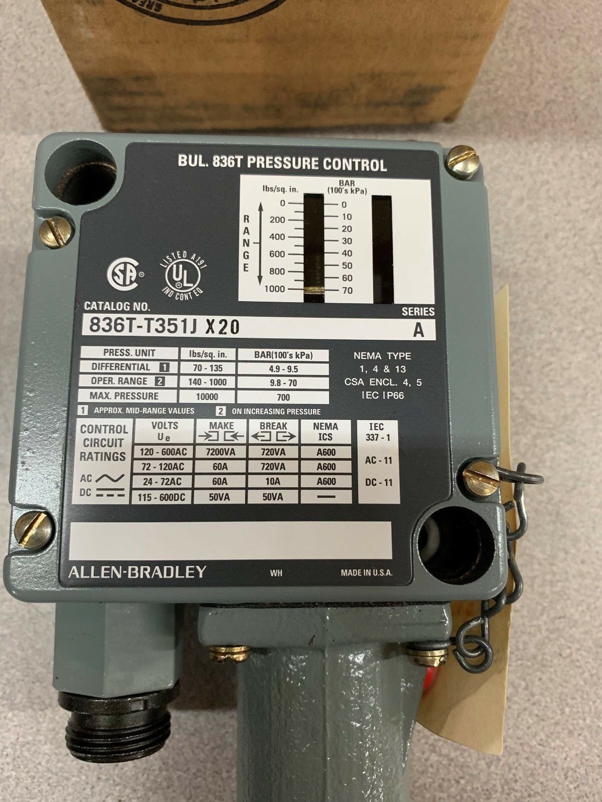NEW IN BOX ALLEN BRADLEY PRESSURE CONTROL 836T-T351JX20 SERIES A