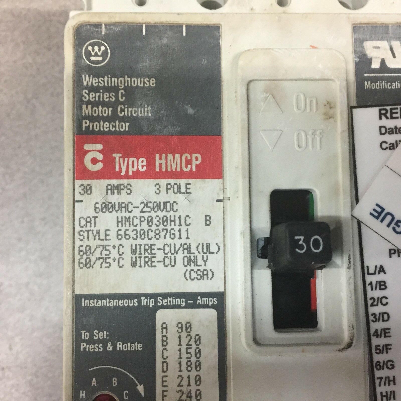 REPAIRED AND TESTED WESTINGHOUSE SERIIES C 30 AMP BREAKER HMCP030H1C