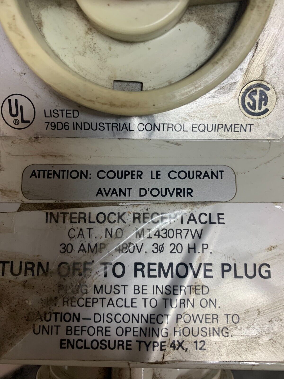 USED HUBBELL 30A 3PH 480VAC WATERTIGHT RECEPTACLE MI430R7W