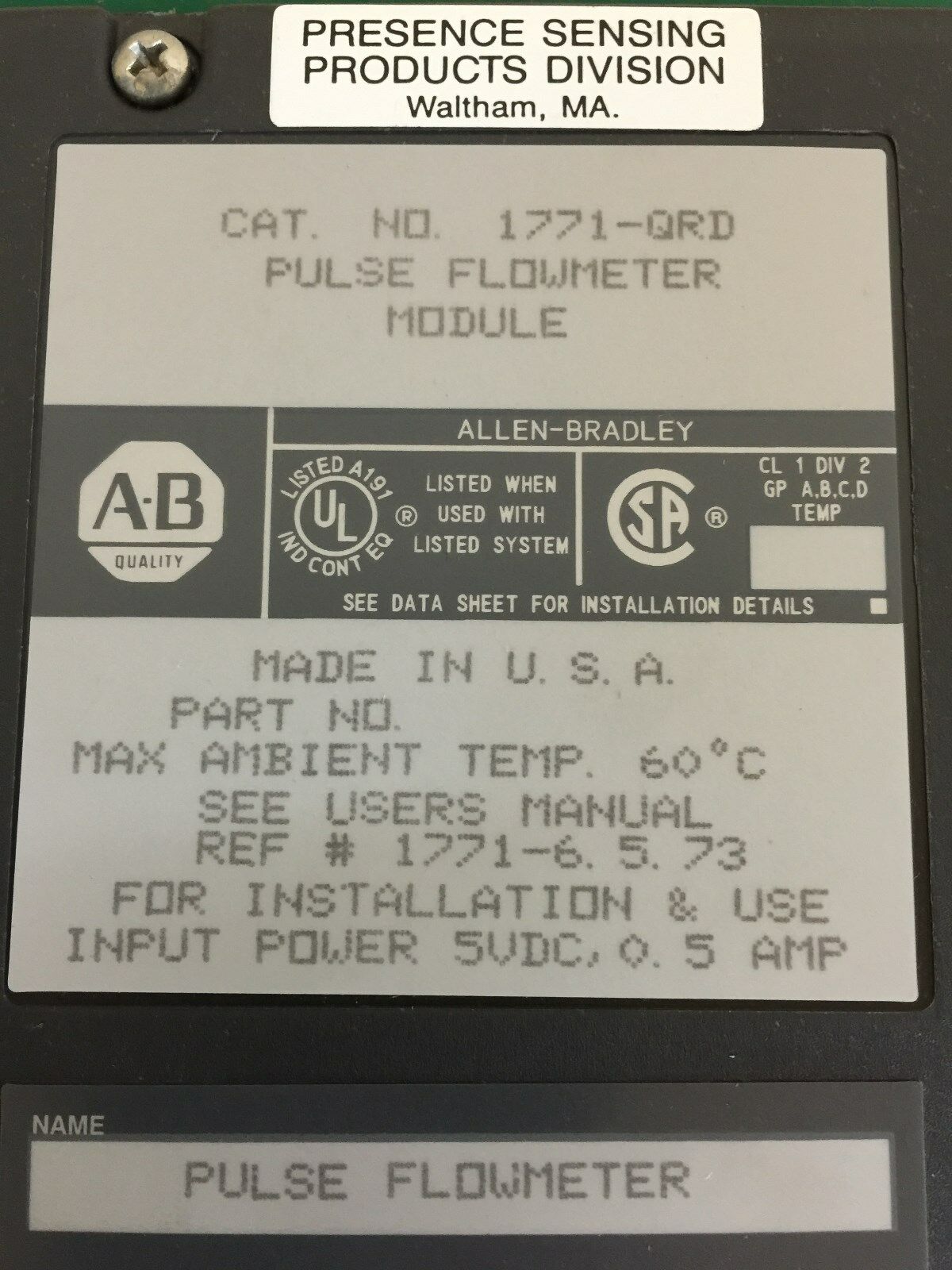 USED ALLEN-BRADLEY PLC-5 PULSE FLOWMETER MODULE 1771-QRD SERIES B