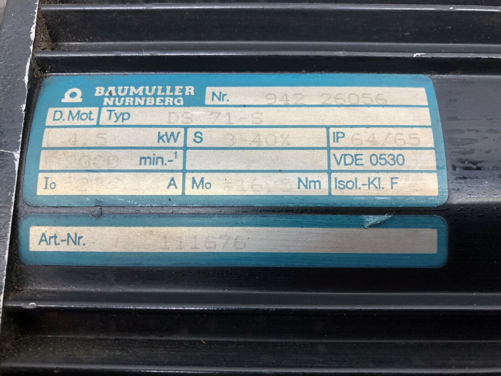 USED BAUMULLER NURNBERG 4.5 KW 2000 RPM SERVO MOTOR DS 71-S / 942 26056