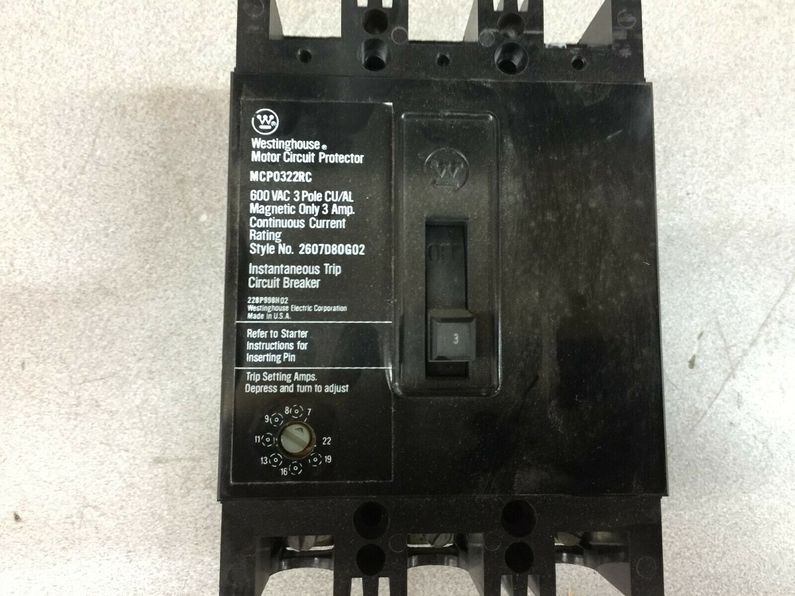 NEW IN BOX WESTINGHOUSE 3AMP 3POLE 600VAC MOTOR CIRCUIT PROTECTOR MCP0322RC