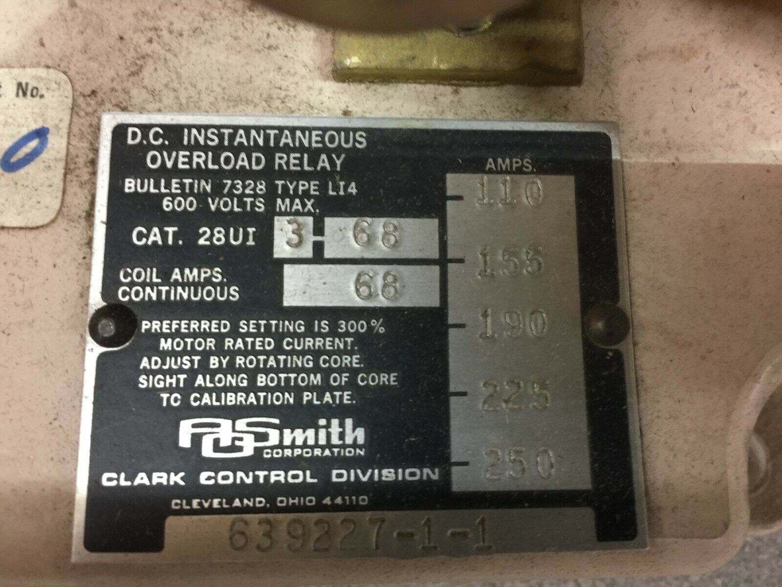 NEW CLARK DC 68 CONTUNUOUS COIL AMPS INSTANTANEOUS OVERLOAD RELAY 28UI3-68