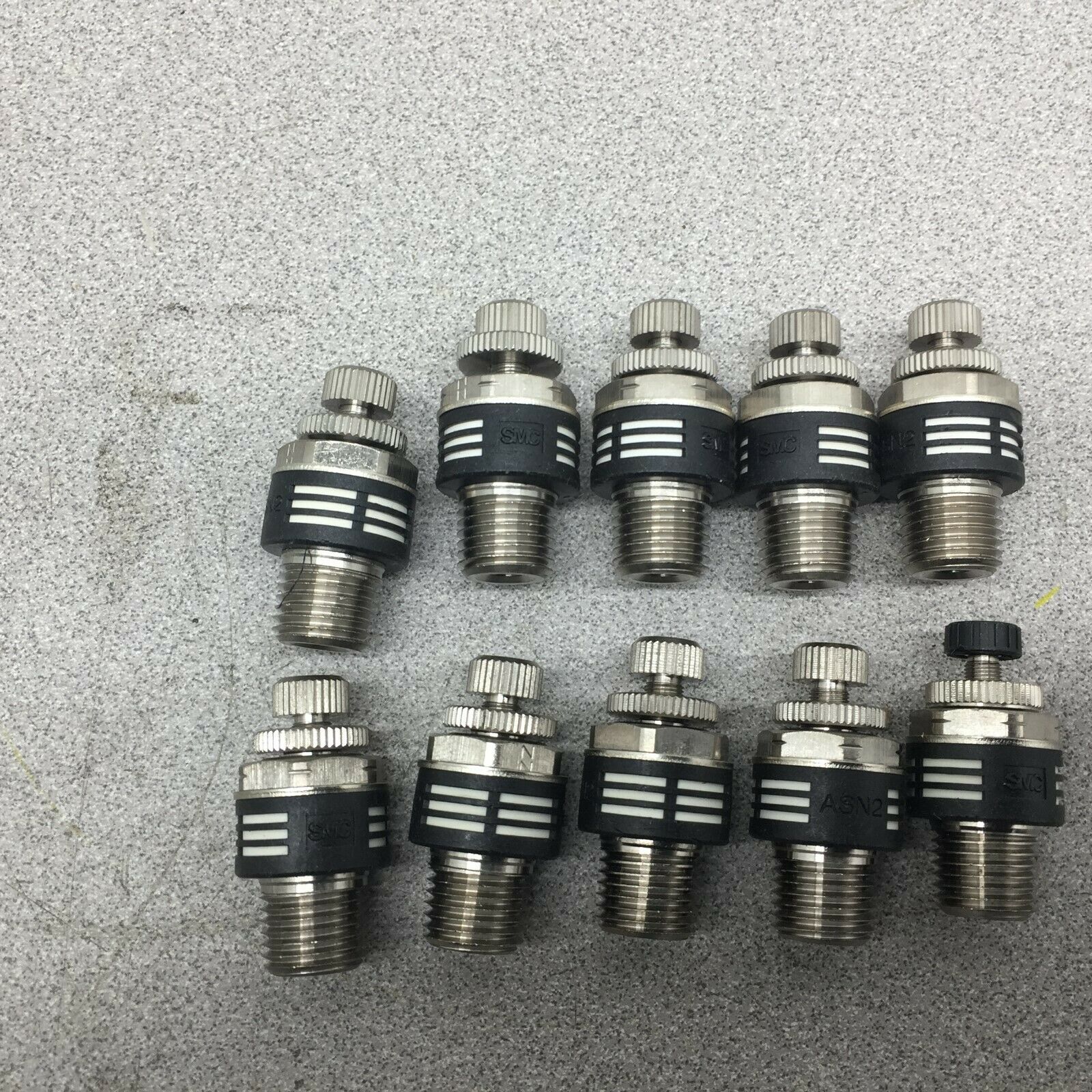NEW NO BOX (LOT OF 10) SMC 1/4 NPT FLOW CONTROL EXHAUST VALVES ASN2