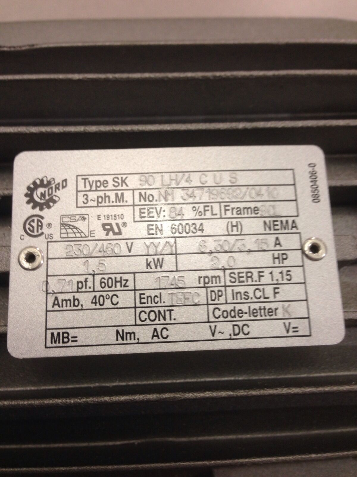 NEW NORD 2HP GEARMOTOR 90 LH/4 CUS WITH 1S63AZ-90 LH/4 CUS 12.33 RATIO