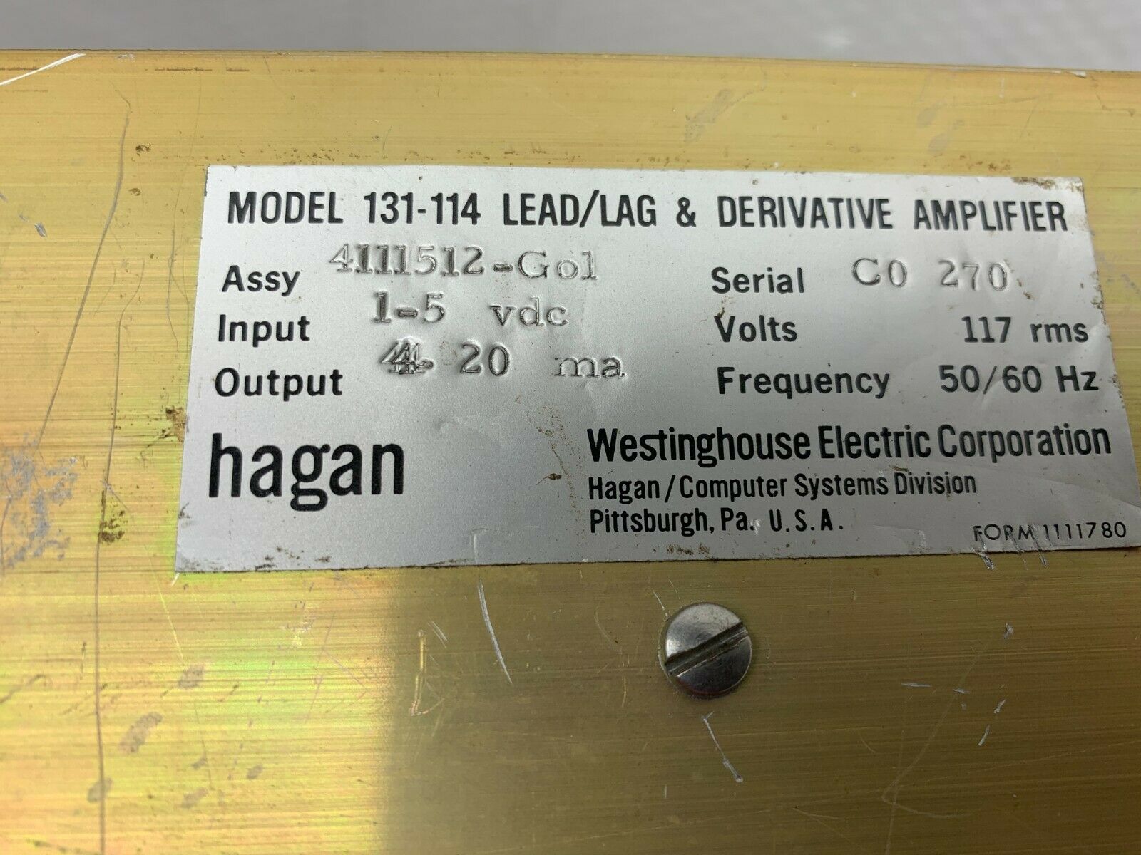 USED WESTINGHOUSE HAGAN 131-114 LEAD/LAG & DERIVATIVE AMPLIFIER 4111512-G01