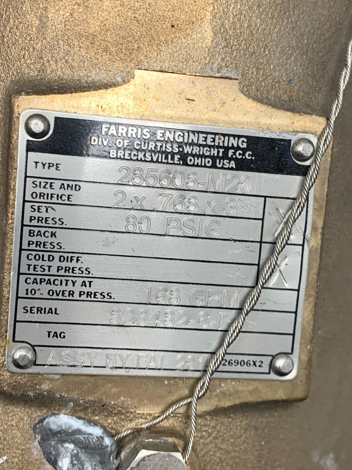 NEW FARRIS 2X.768X3" SAFETY RELIEF VALVE 80 PSIG. SET PRESSURE 285608-M20