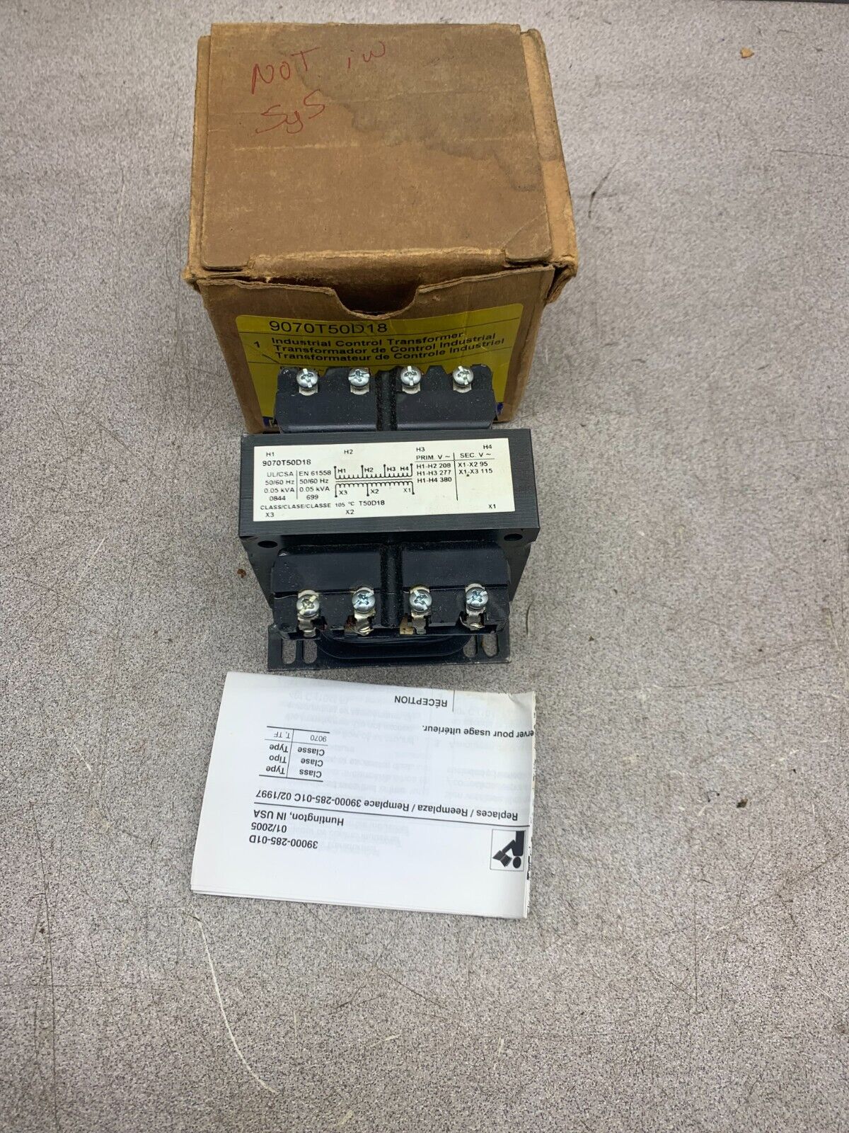 NEW IN BOX SQUARE D INDUSTRIAL CONTROL TRANSFORMER 9070T50D18