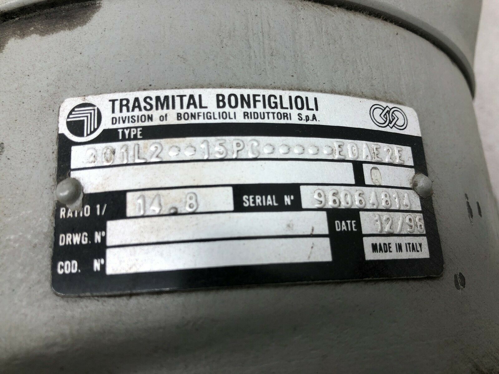 NEW NO BOX TRASMITAL BONFIGLIOLI 14.8 RATIO C-FACE GEAR REDUCER 301L2 15PC E0AE2