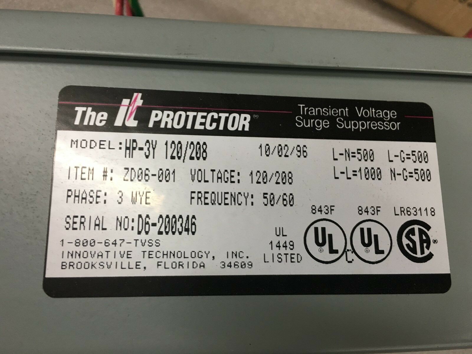 NEW THE IT PROTECTOR ZD06-001 TRANSIENT VOLTAGE SURGE SUPPRESSOR HP-3Y 120/208