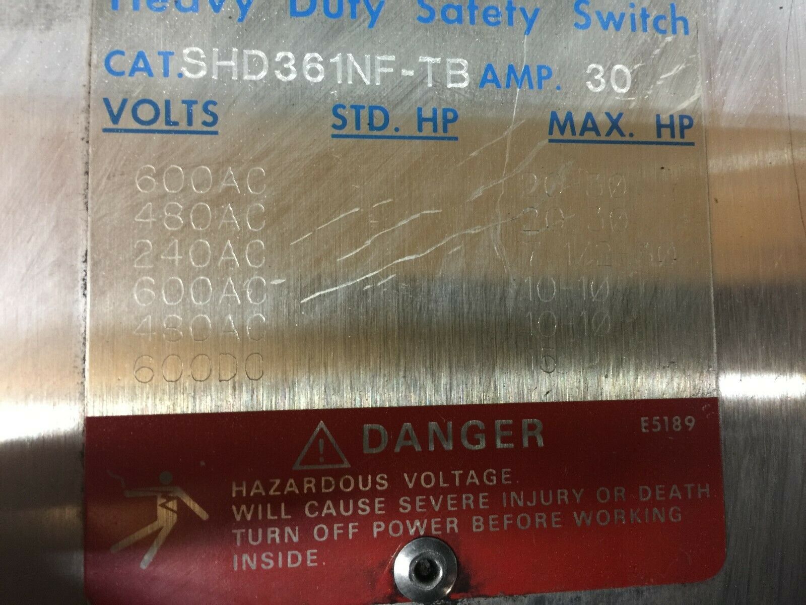 USED THOMAS AND BETTS 30 AMP 3POLE 600VAC SS WATERTIGHT DISCONNECT SHD361NF-TB