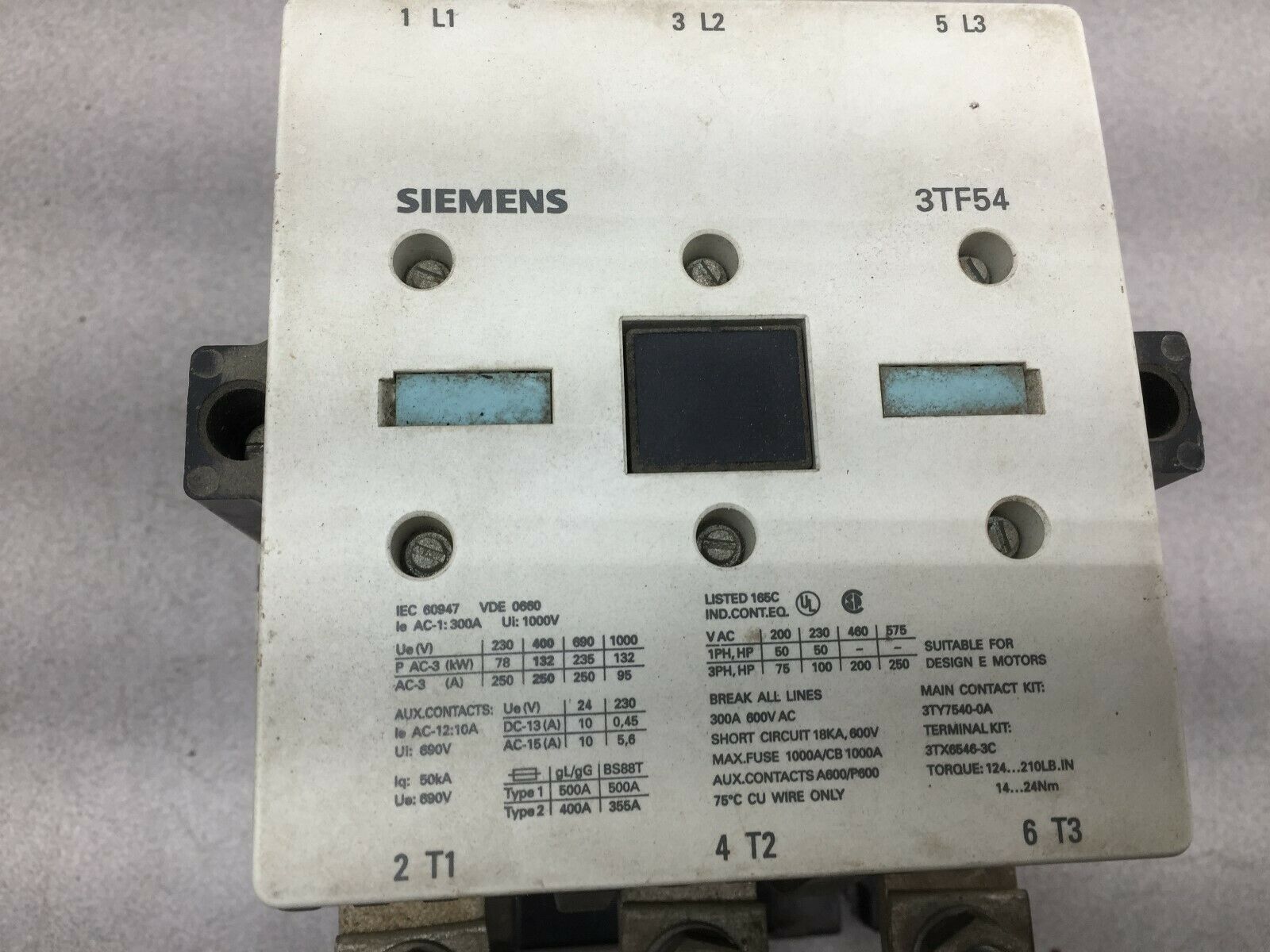 USED SIEMENS 600VAC 3POLE 250AMP STARTER 3TF54 / 3UA6600-3B