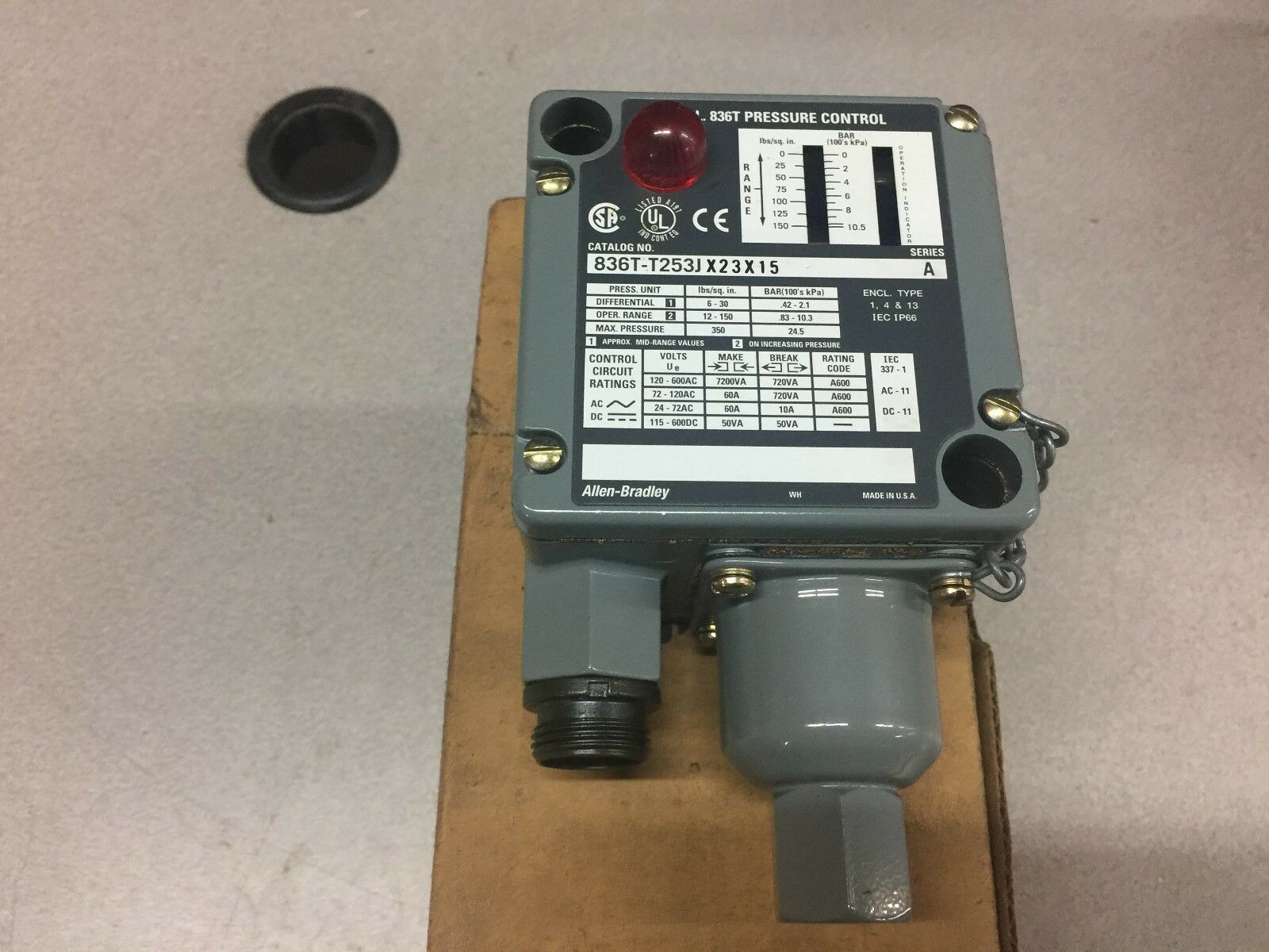 NEW IN BOX ALLEN BRADLEY PRESSURE CONTROL SWITCH 836T-T253JX23X15