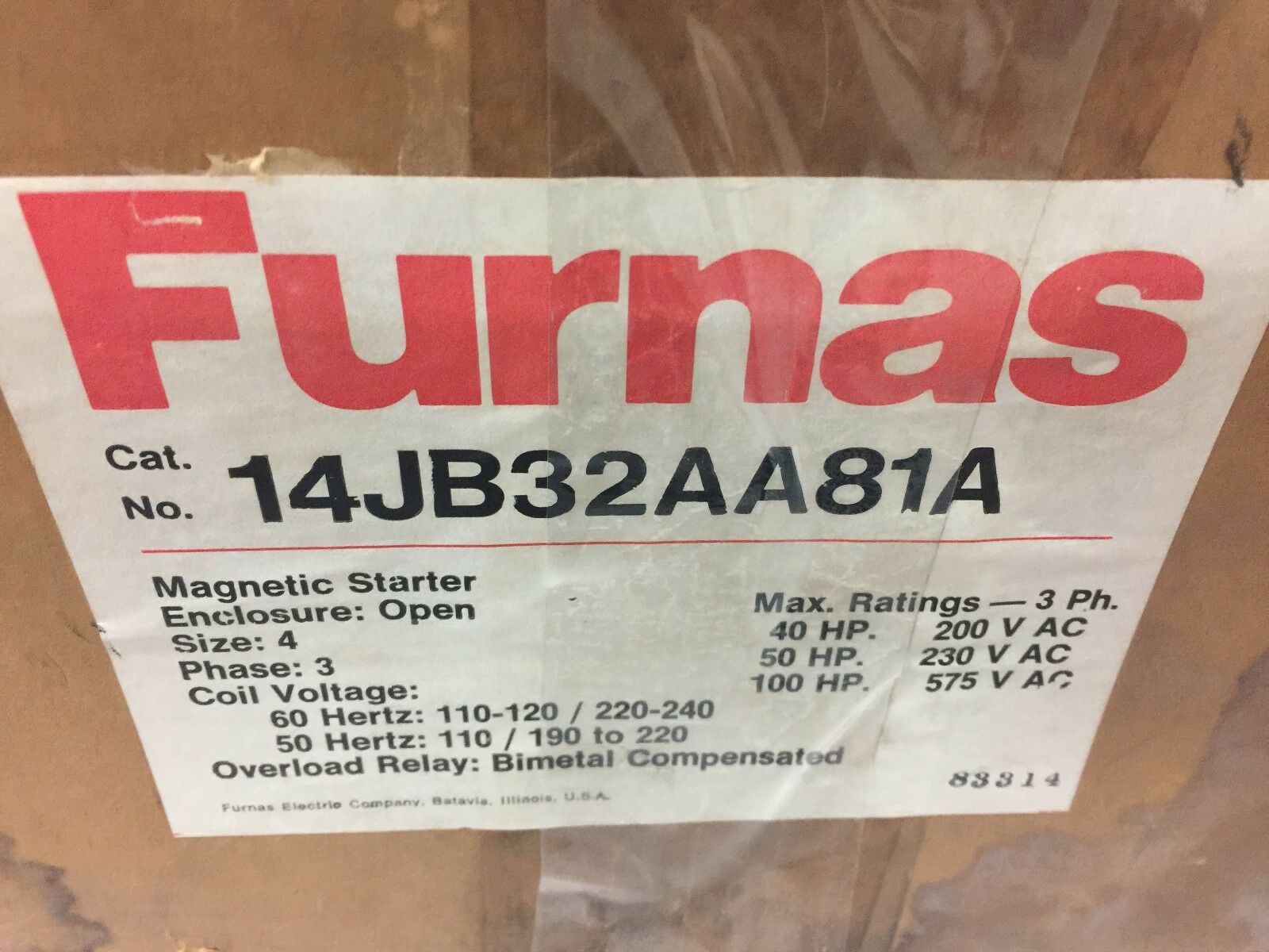 NEW IN BOX FURNAS SIZE 4 120/240VAC 3PHASE STARTER 14JB32AA81A