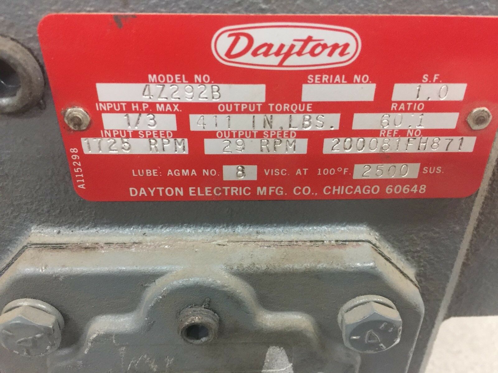 NEW NO BOX DAYTON 60-1RATIO 1/3HP ANGLED GEAR REDUCER CFACE 4Z292B
